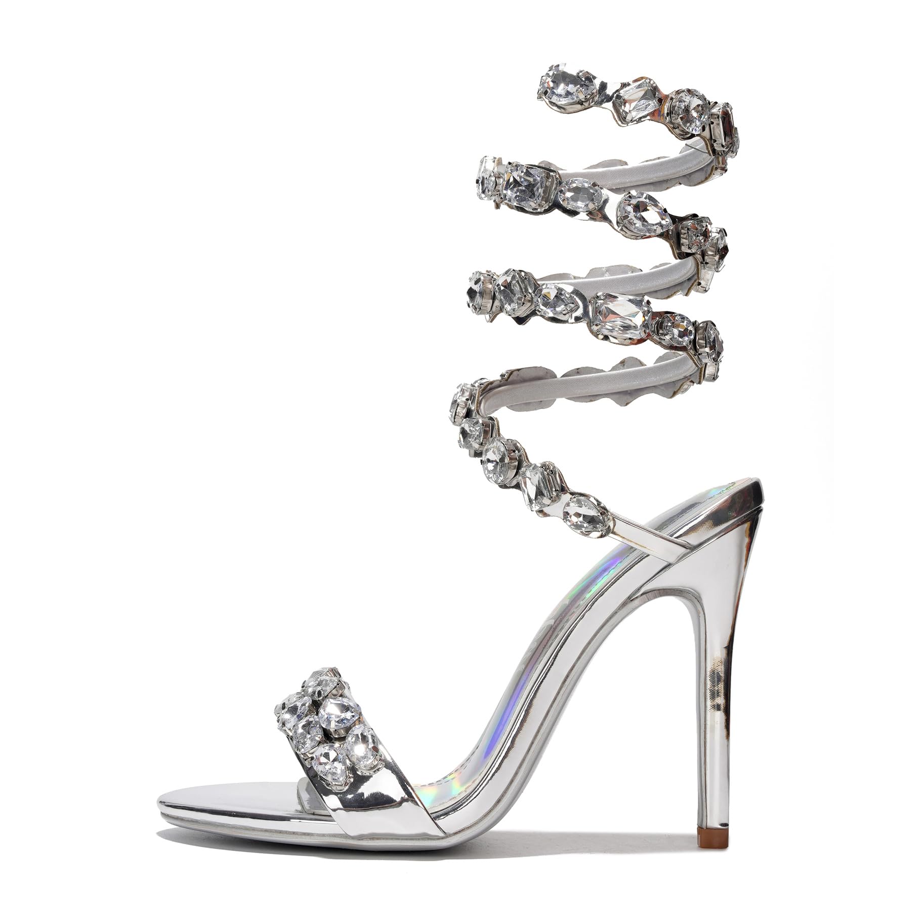 Cape Robbin Women‘s Gem-Trimmed Metallic Heels - Ankle Wrap Stiletto Sandals 4 Inch, Open Round Toe Party Heels with Lightly Cushioned Footbed &