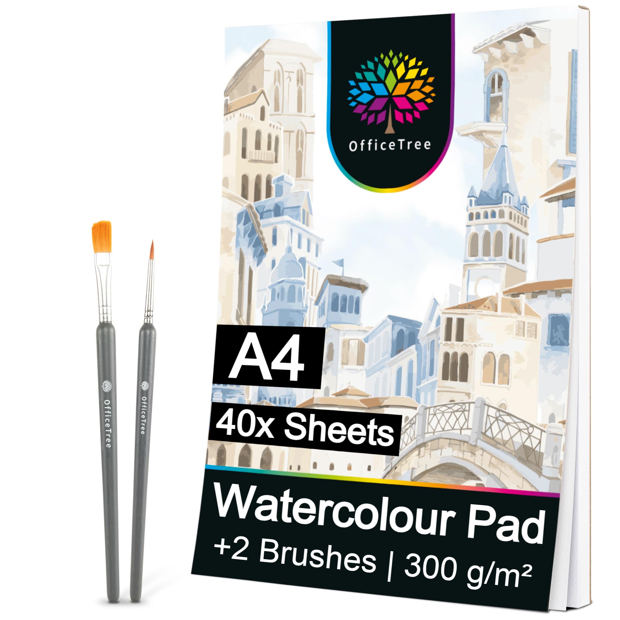 OfficeTree 40x Watercolour Paper A4 Pad - 300gsm incl. 2 Brushes - Water Colour Paper for Watercolour Painting - Dual Sided Smooth und Textured Watercolor Paper A4 for Drawing - Acid-Free