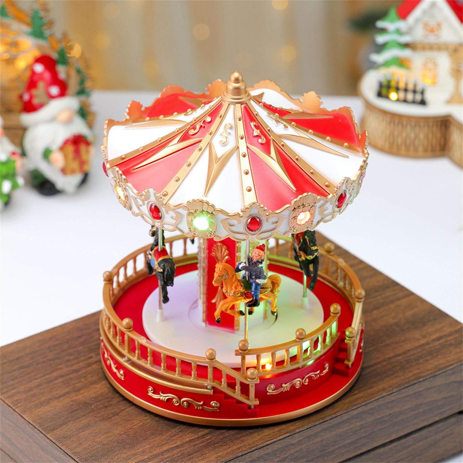 Decoración musical giratoria navideña Carruseles navideños iluminados por LED Adorno con opción de alimentación por batería USB Regalo para niños Carruseles navideños Caja de música con luz LED