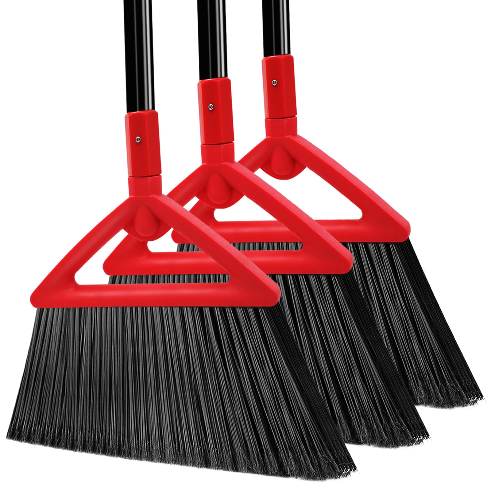 Heavy Duty Angle Broom, 3 Pack Longer Commercial Brooms, Swipe Brooms for Sweeping Indoor Outdoor, Perfect Red Broom of Kitchen, Garage, House, Restaurant