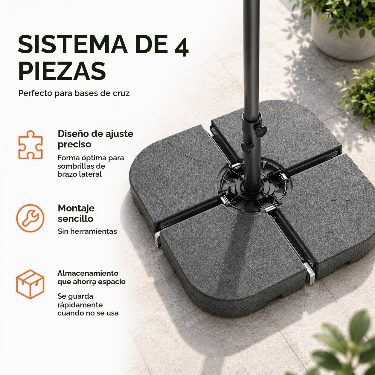 Soporte para sombrillas – Pesos para rellenar para cruces de suelo de plástico – Soporte para sombrilla (4 piezas hasta 80 kg, plástico)