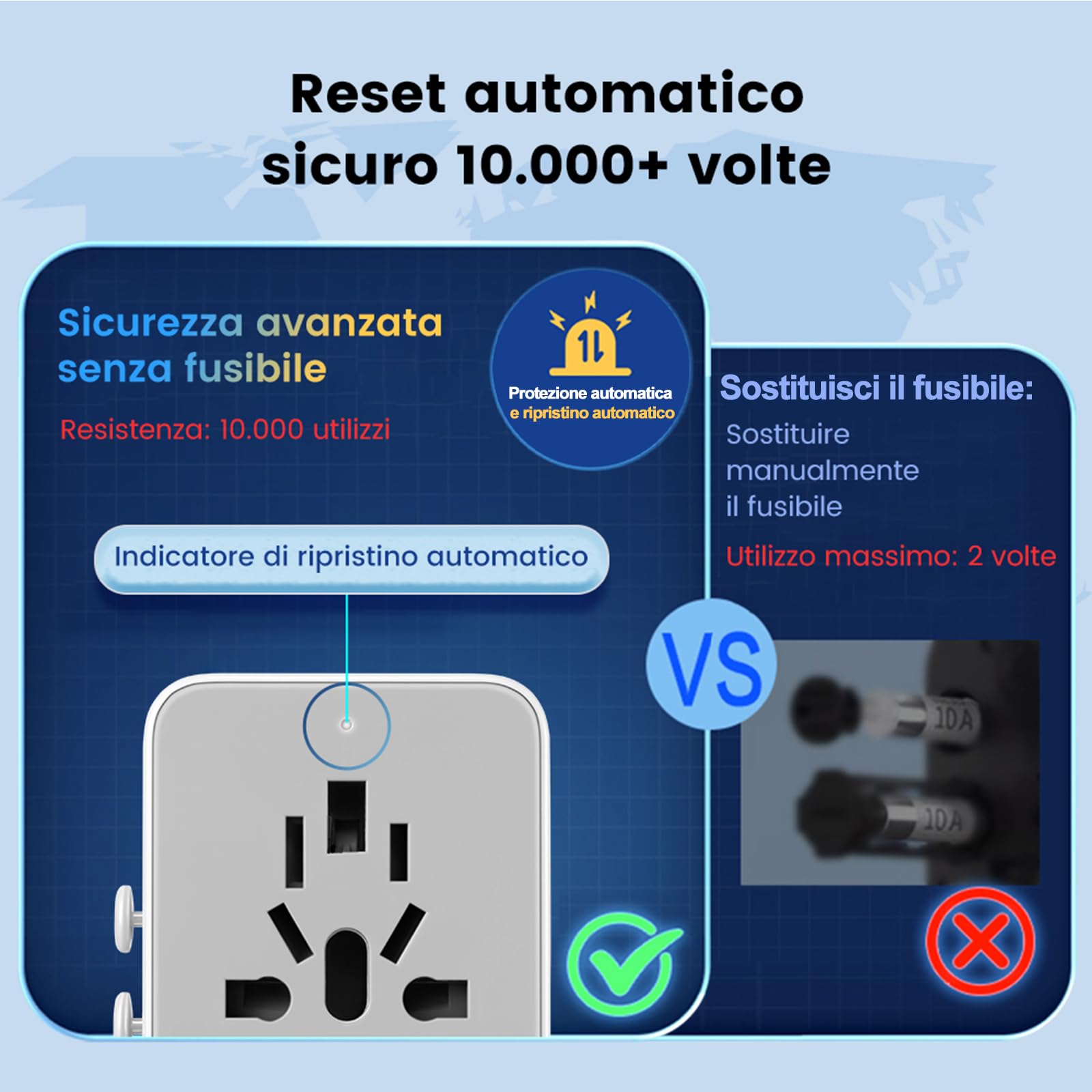 GONEO Presa Universale da Viaggio con USB-C e USB-A, Adattatore Presa Americana Inglese Schuko Italiana Giappone Thailandia Francese UK Spina per 240+ Paesi, con Protezione da Sovraccarico Automatica