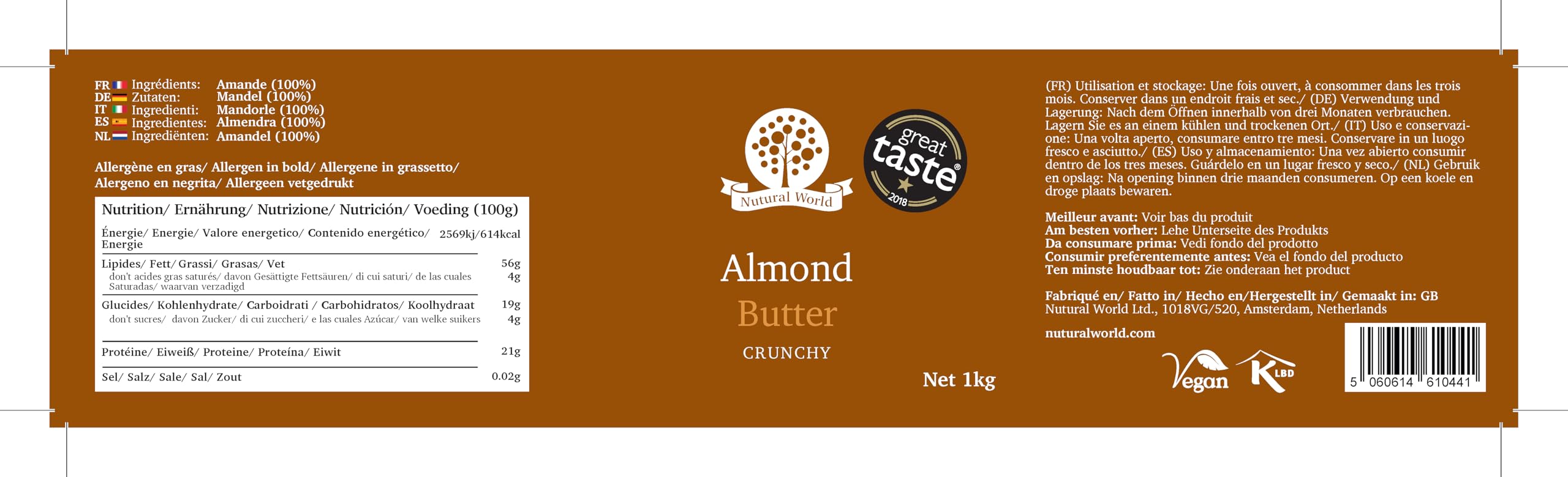 Nutural World - Mantequilla de almendra crujiente (1kg) - *** nuevo envase *** - Ganador del premio Great Taste