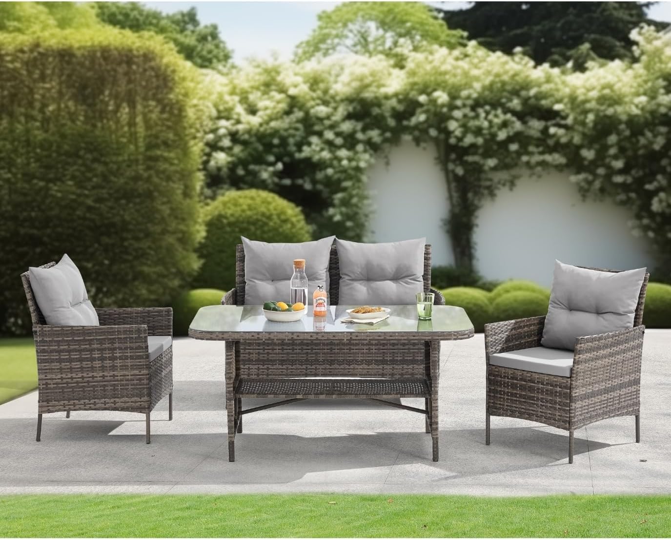 EVRE Brown Florence Garden Rattan Furniture Set 4 Piece Seat 1 Sofa 2 Chair Dining Outdoor Conservatory Wicker Weave Lounge Sofa and Glass Top Table with Cushions