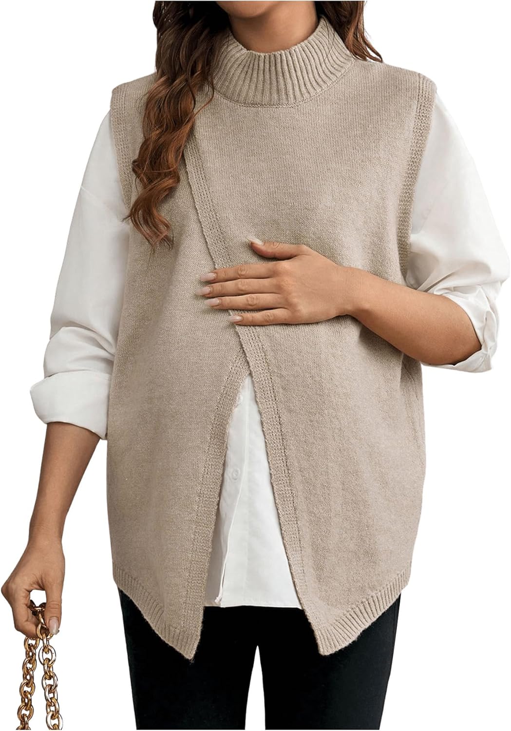 MakeMeChic Women's Maternity Sweater Vest Mock Neck Split Hem Sleeveless Fall Pregnancy Knit Top