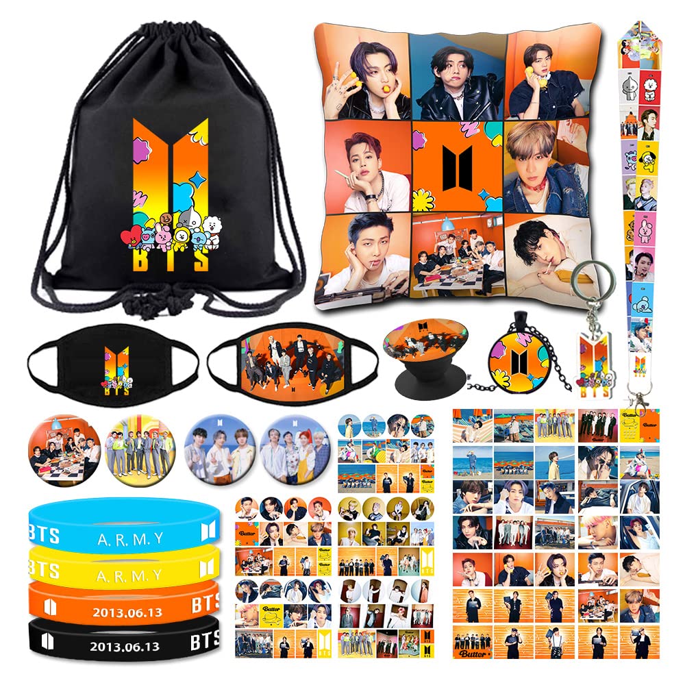 BTS Gift Sets, Including Drawstring Bag, Pillow Cover, Face Masks, Stickers, Button Pins, Bracelets, Lanyard, Phone Ring Holder, Keychain, Necklace, Lomo Cards