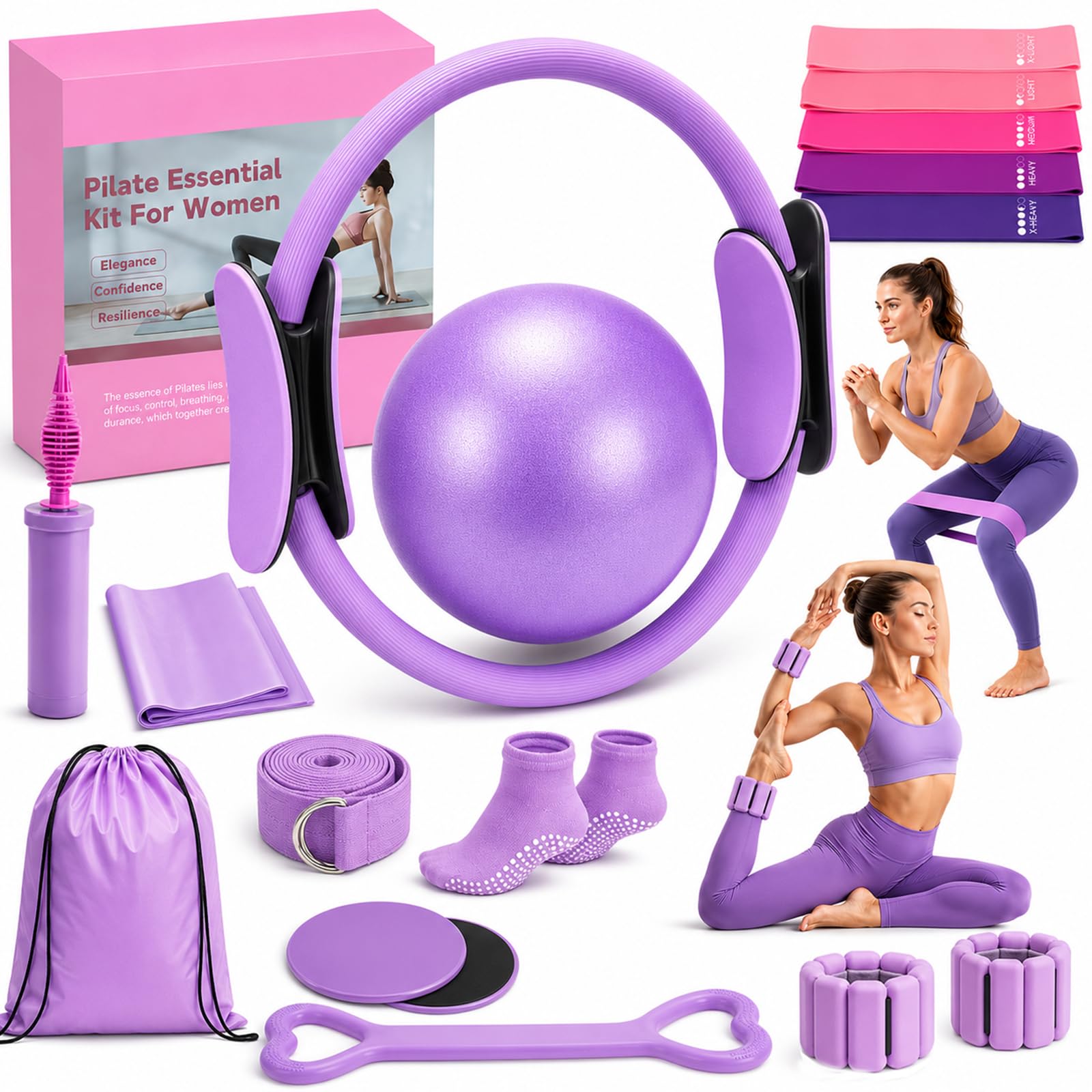 Pilates Kit for Women, Home Workout Set with Ring,Ball,Bands Ankle Weights