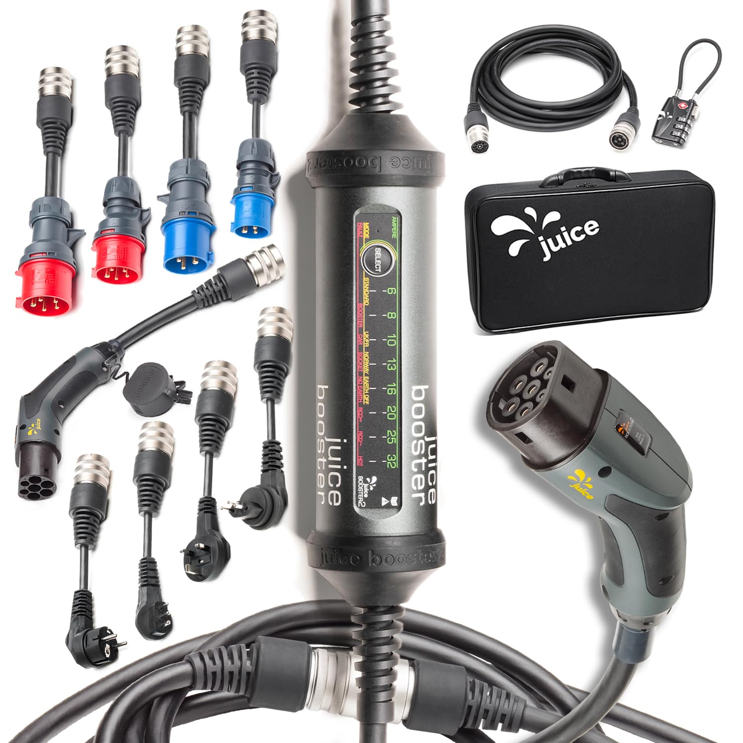 Juice Booster 2 Mobile Wallbox 22kW - Elektroauto Ladegerät mit Typ-2 Ladekabel, Adapter für alle Steckdosen, Mobile & tragbare Ladestation, wetterfest