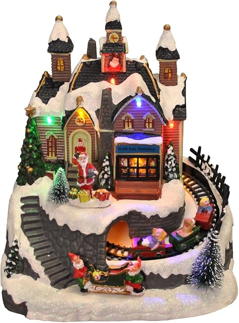 Selections Santa Christmas Scene Ornament with Lights Moving Train and Sound