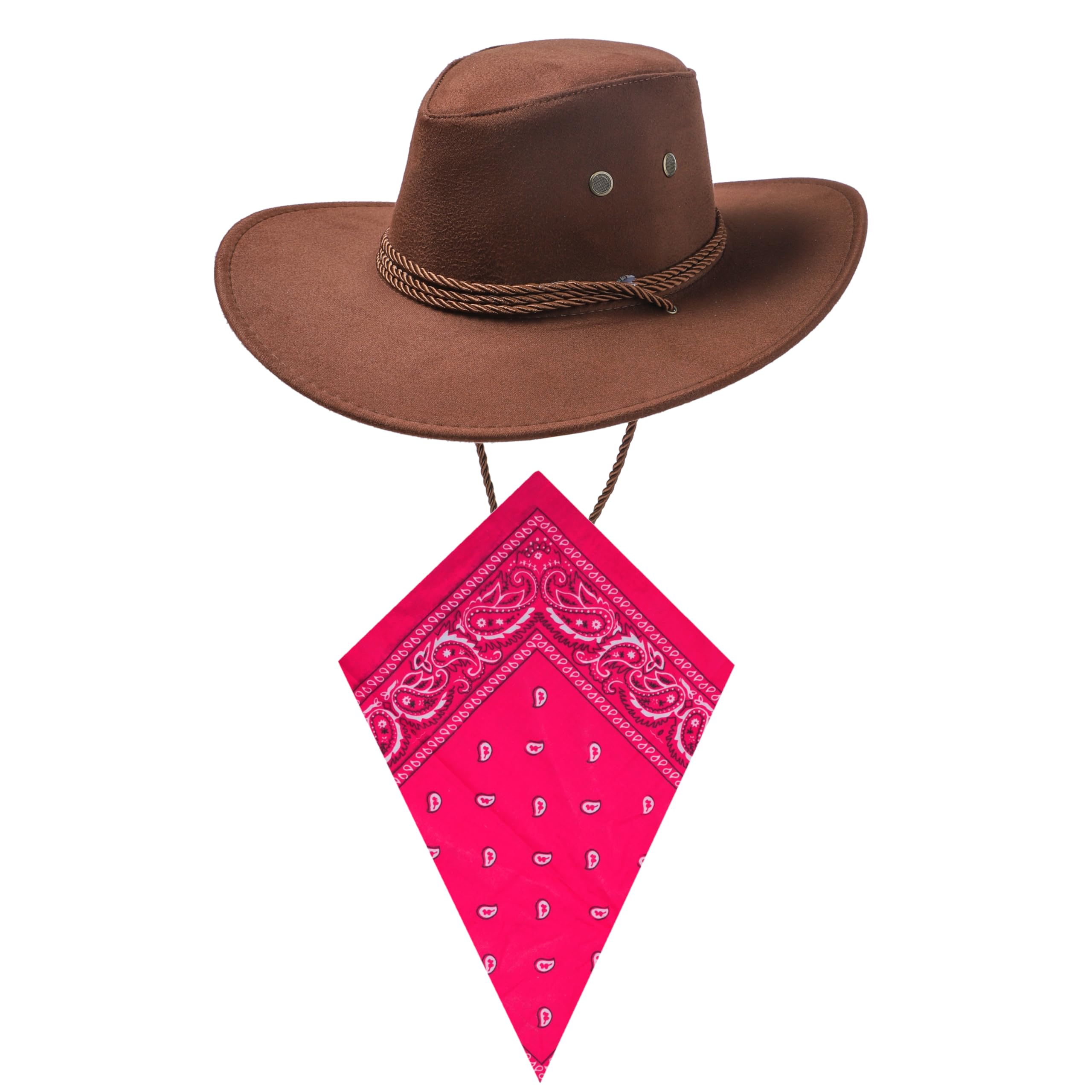 Dark Brown Cowboy Hat and Pink Bandana Western Sun Cap Faux Felt Leather Suede Fancy Dress Party Costume Outfit Neckscarf Sun Protection Mens Womens โ image 1