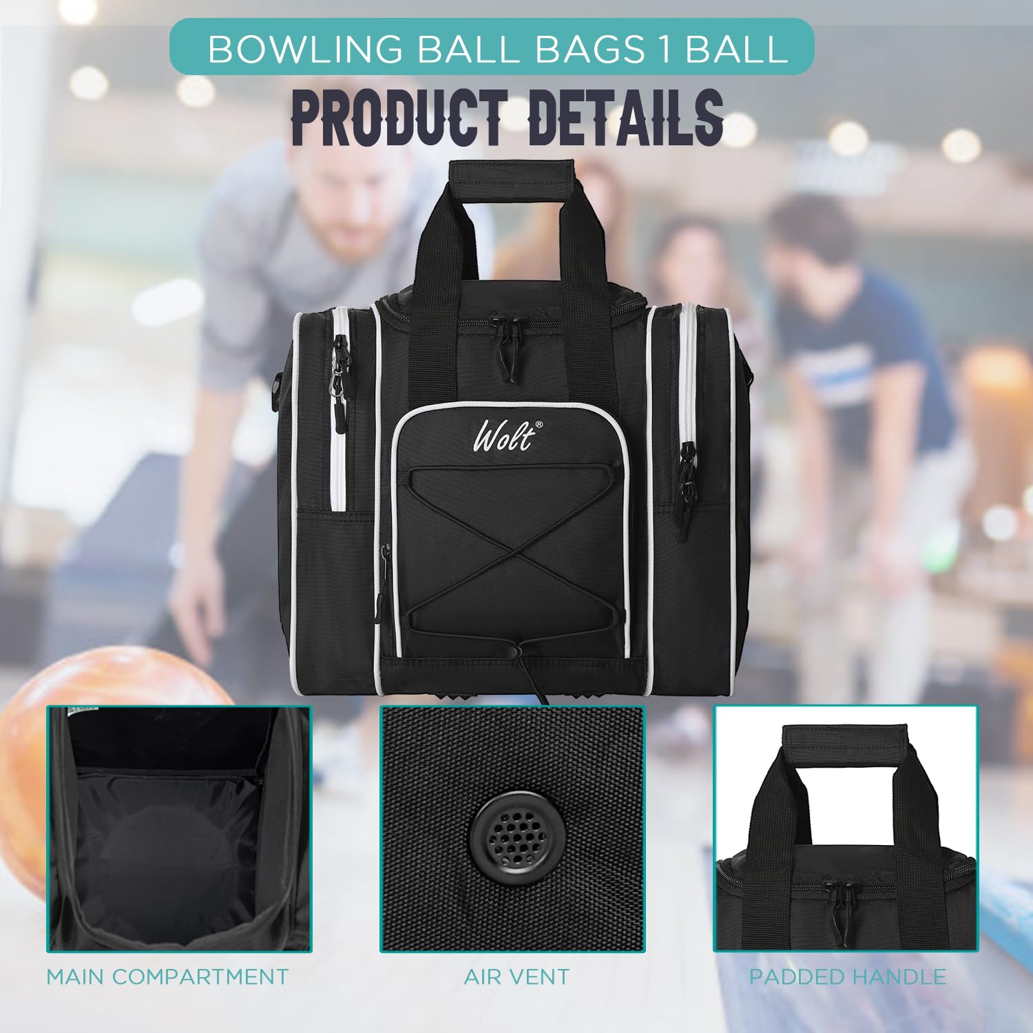 Sac De Transport Pour Boule De Bowling – Simple, Rembourré – Polyester – Noir/vert/bleu – Bretelles Réglables Et Poche Ventilée