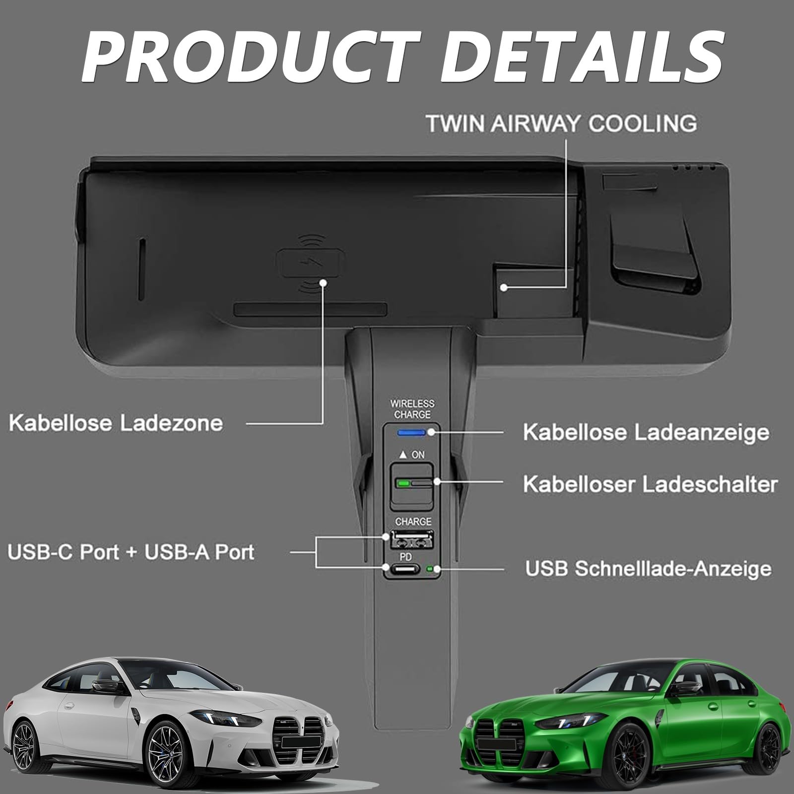 Kabelloses Auto Ladegerät für BMW 3 Series 4 Series 2013-2015, für BMW M3 M4 2014-2020, OEM-Passform mit 27W USB-A & Type-C Schnellladendes Handy-Ladegerät für BMW F30 F32 F80 F82 Zubehör