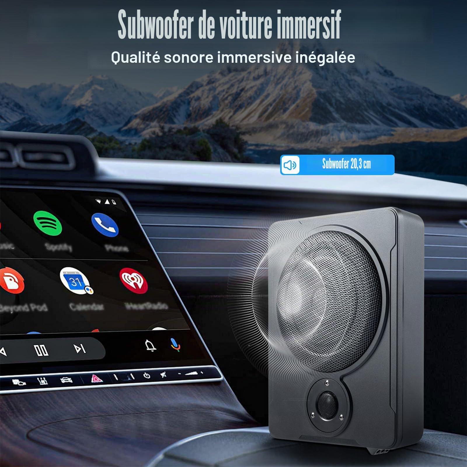 Caisson Basse Voiture,Caisson Basses Actif Voiture Compact 600W 8 Pouces avec Jeu Câbles,Excellente Performance Basse Fréquence, Sortie Musique Pure et Effets Sonores