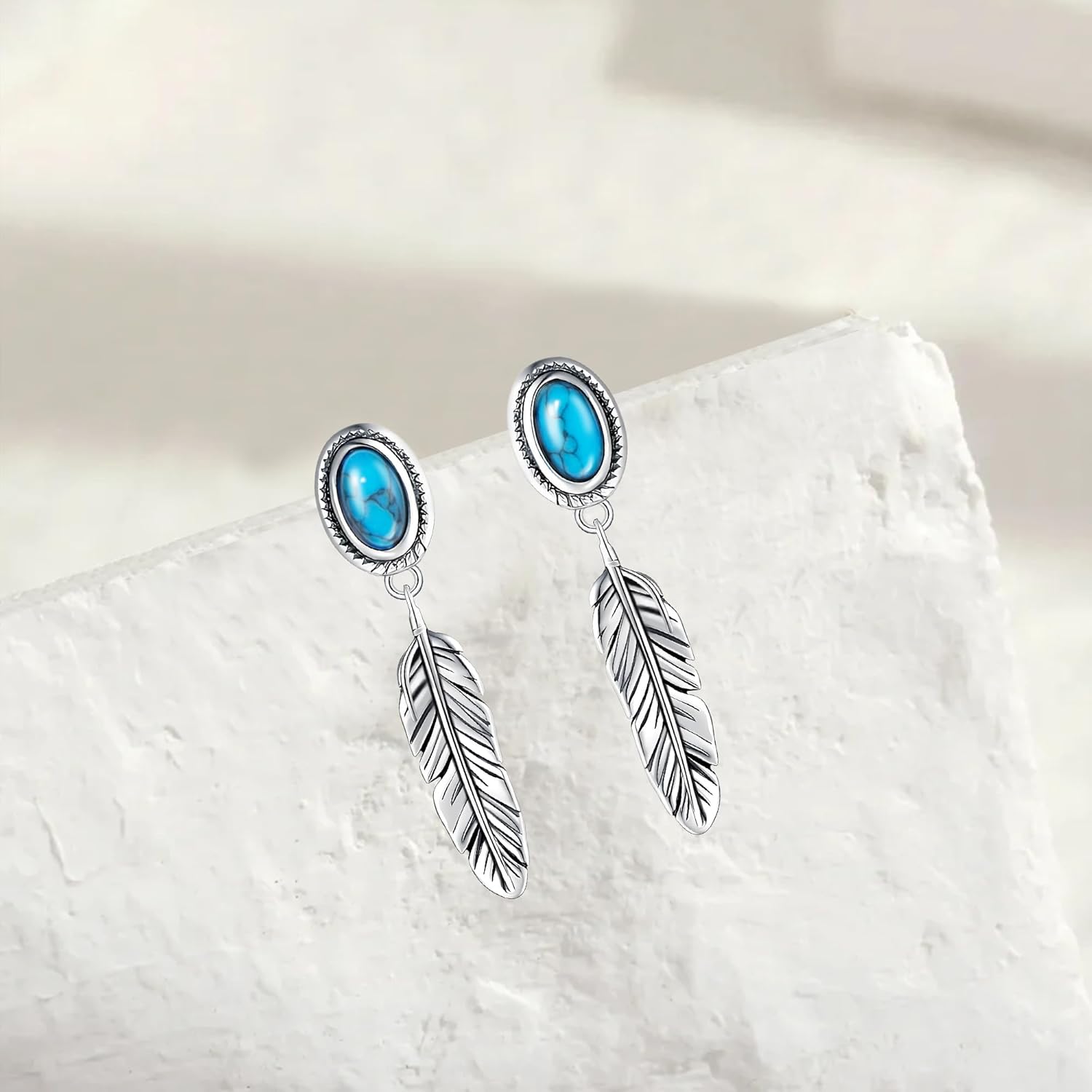 Turquoise Feather Earrings for Women 925 Sterling Silver Turquoise Earrings Dangle Boho Earrings Dangling Bohemian Vintage Native Western Jewelry Gifts - Image 2