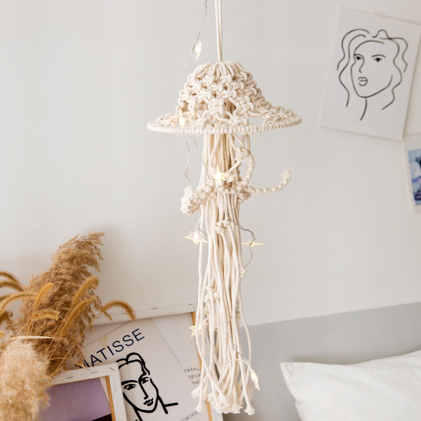 Macrame Wall Hanging,Jellyfish Dream Catcher with Star Lights,Bohemian Woven Wall Art Decor Beautiful Apartment Dorm Room Door Decoration (White)