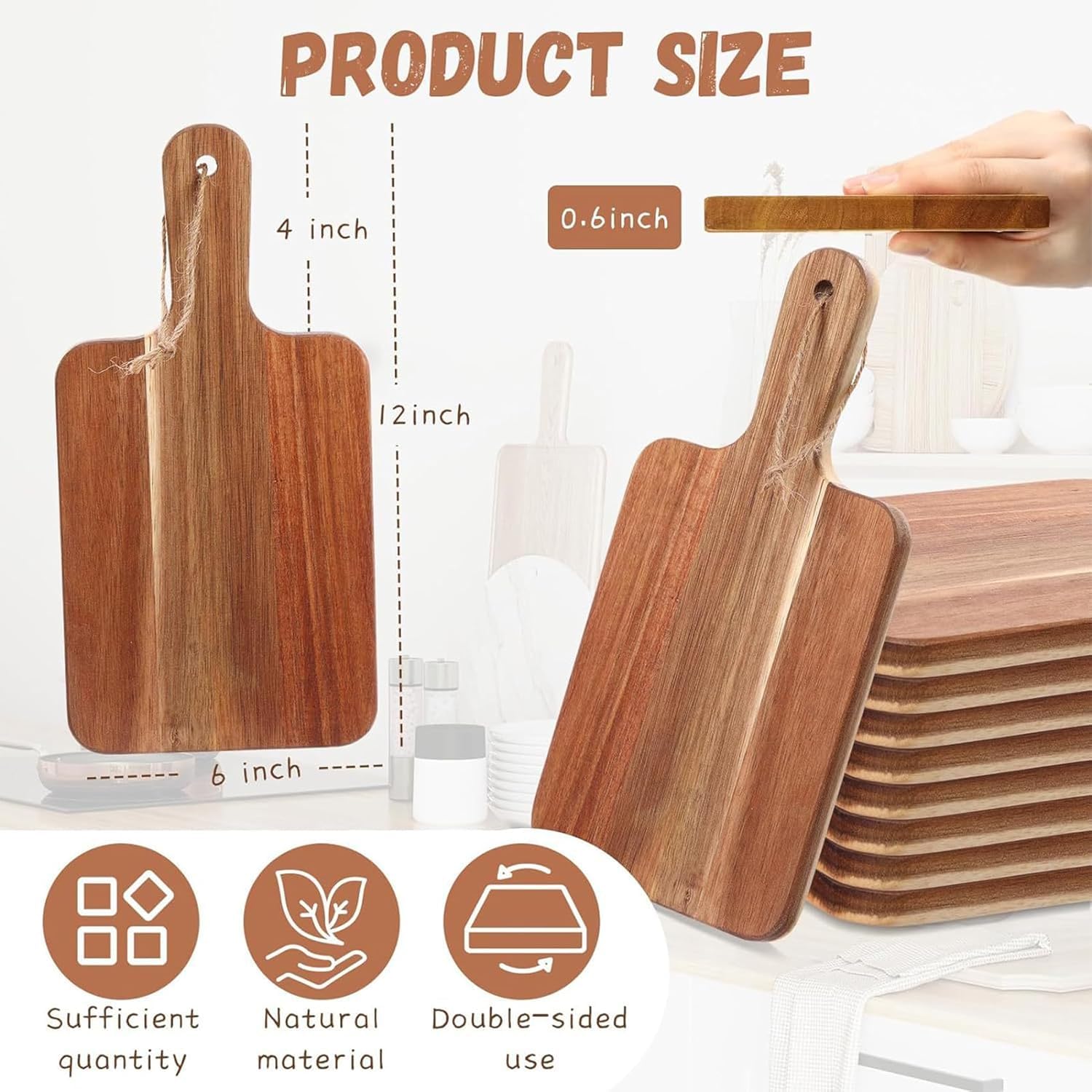 Juego de 6 tablas de cortar de madera de acacia, tablas de cocina de 12 pulgadas con asa, ideal para embutidos, queso, pan, carne y frutas (12 x 6 x 0.6 pulgadas)