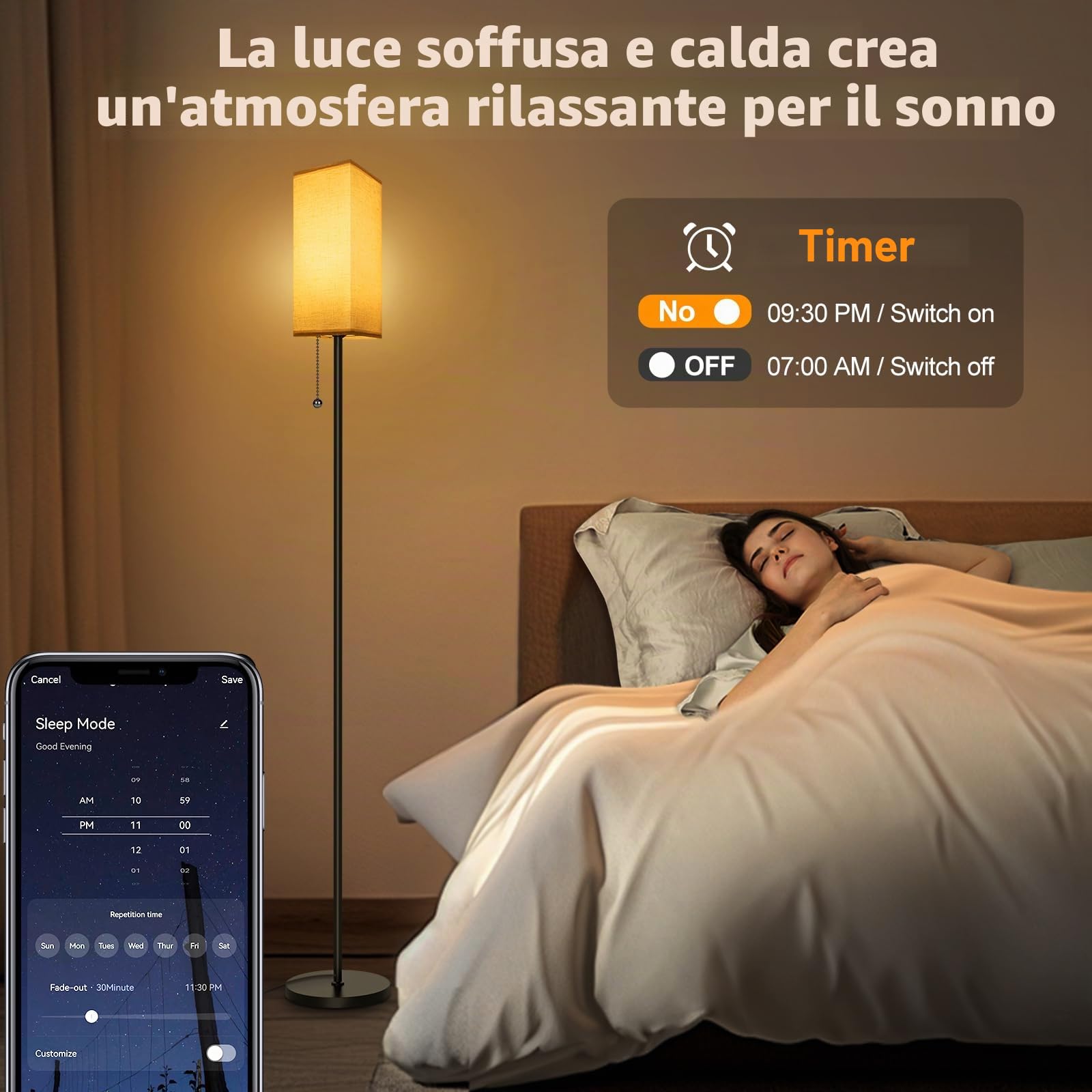 RGBCW - Lampada a stelo per soggiorno, 9 W, E27, 2700 K-6500 K, dimmerabile, con app, funziona con Alexa e Google Assistant, modalità fai da te, modalità musica e funzione timer