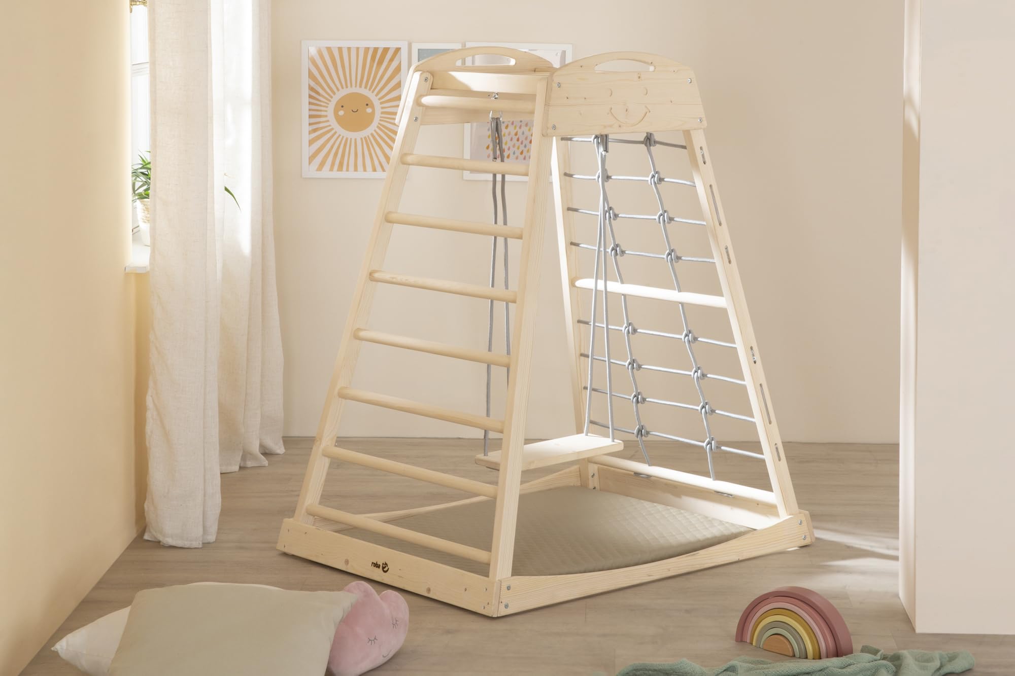 roba Tour de Jeu Intérieure en Bois – Structure Montessori avec Barreaux et Corde d’Escalade – Convient dès 24 Mois – Avec Balançoire en Bois Massif – Charge jusqu’à 70 kg – Naturel/Gris