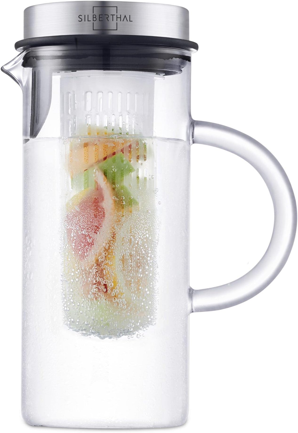 Glass Water Jug with lid 1 - for Fridge - Carafe with Fruit Strainer - Dishwasher Safe Pitcher and Heat Resistant