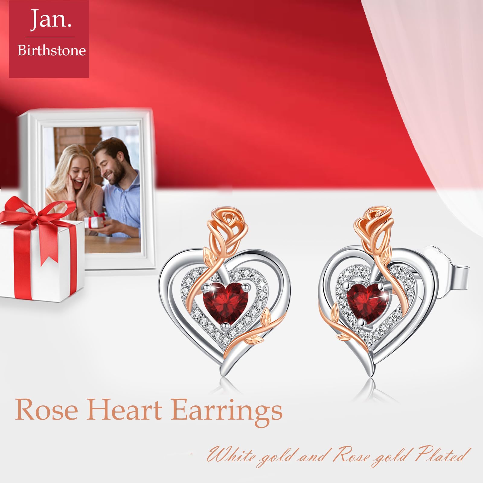 LAVUMO Ohrringe Silber Stecker Damen Rose Herz Geburtsstein Schmuck