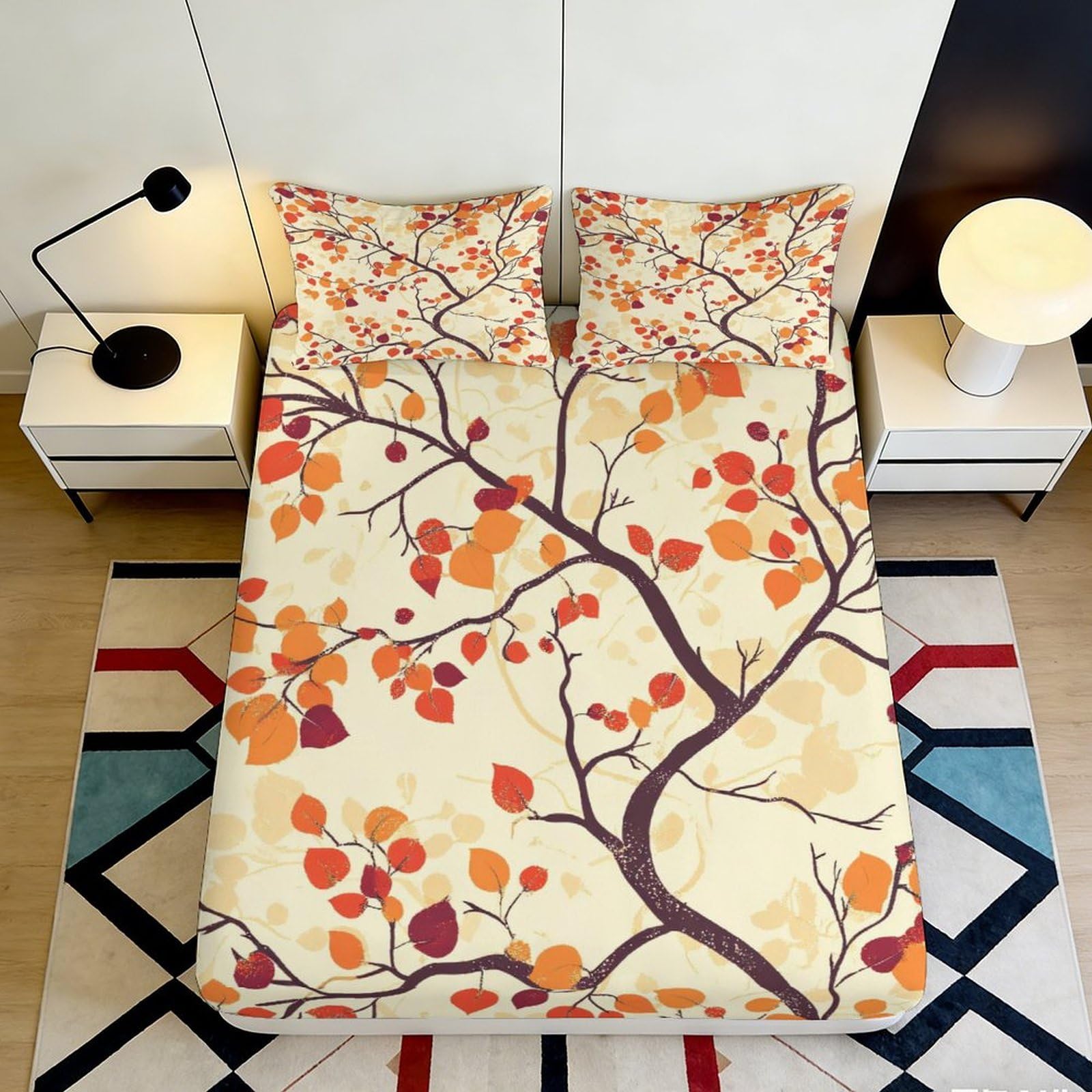 Uynsixtme Style-8 3D Printed Autumn Leaf Fitted Sheet Microfiber Deep Pocket Full Wrap Bedding, Branch Pattern Mattress Fitted Cover Elastic Hem Washable For Home 90X200x25cm