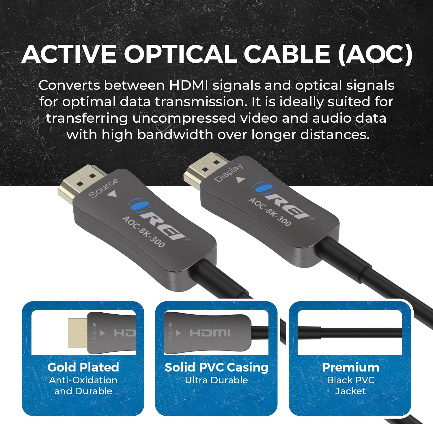 OREI Cable HDMI 2.1 8K de 300 pies - AOC Cable HDMI de fibra óptica activa, 48 Gbps, 8K a 60Hz, 4K a 120Hz, HDR10+, eARC, HDCP 2.3, sin EMI, chapado en oro, cubierta trenzada