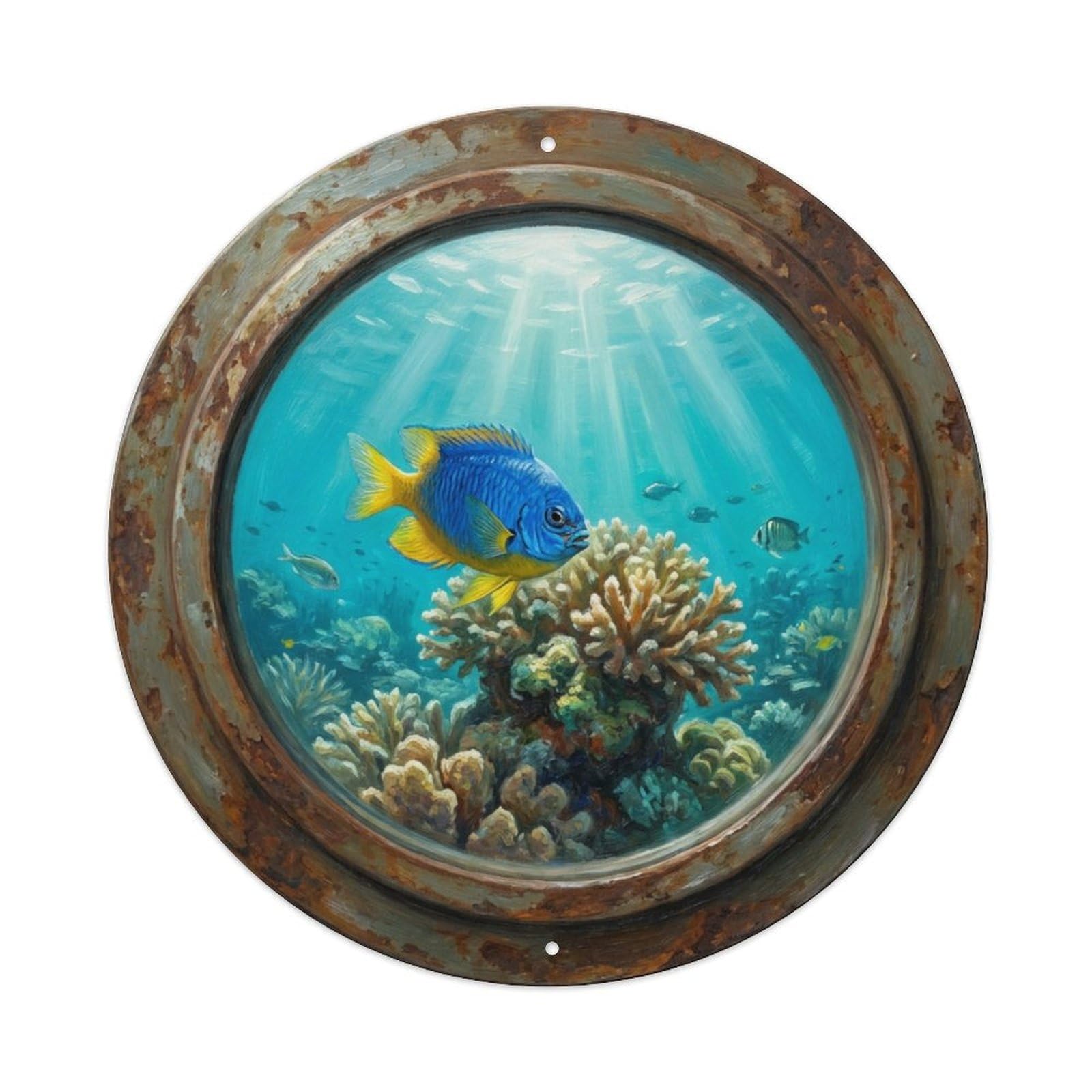 Vintage Porthole Damselfish Territory Ship Window Undersea Deep Metal Tin Sign