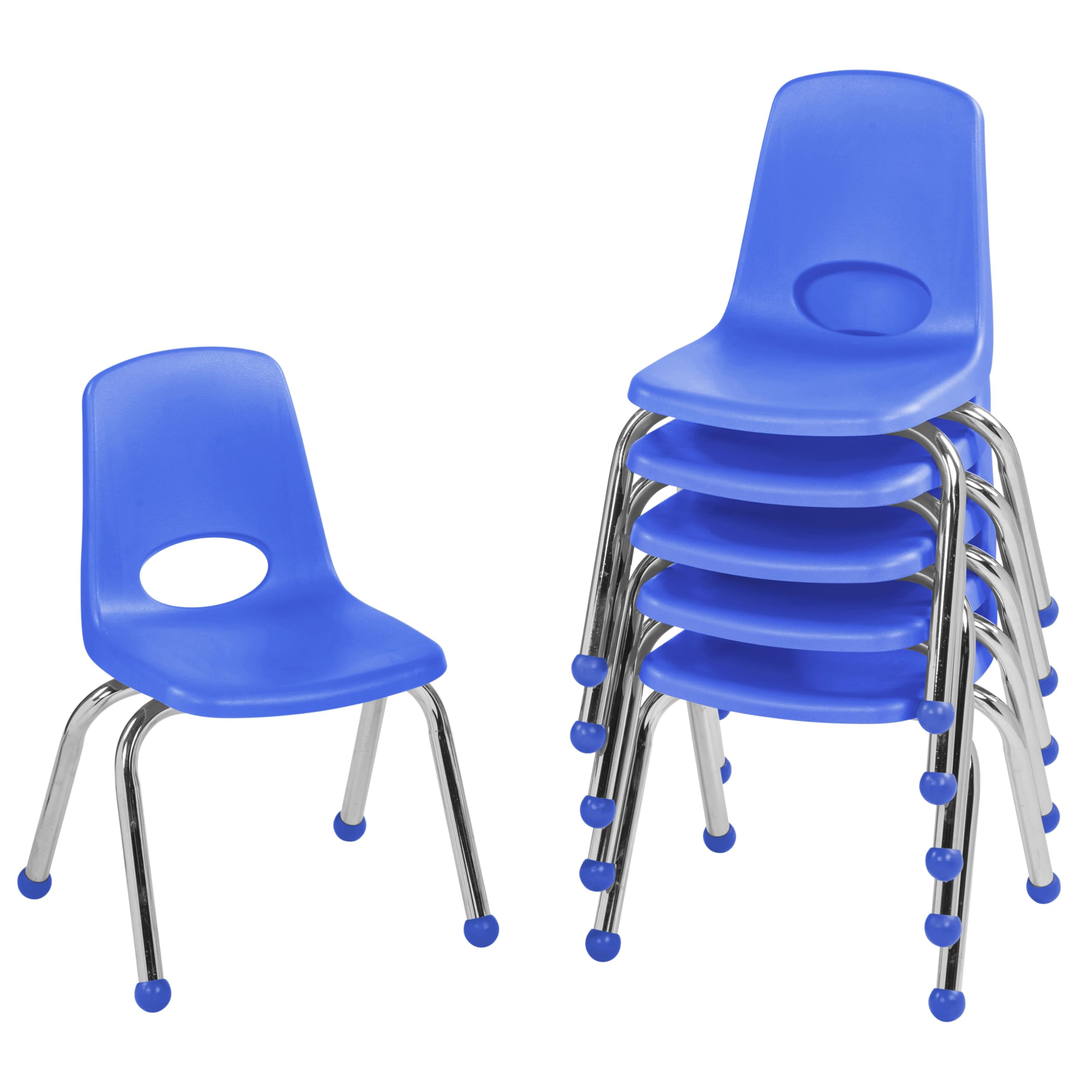 FDP 12" School Stack Chair, Stacking Student Seat with Chromed Steel Legs and Ball Glides; for in-Home Learning or Classroom - Blue (6-Pack), 10359-BL
