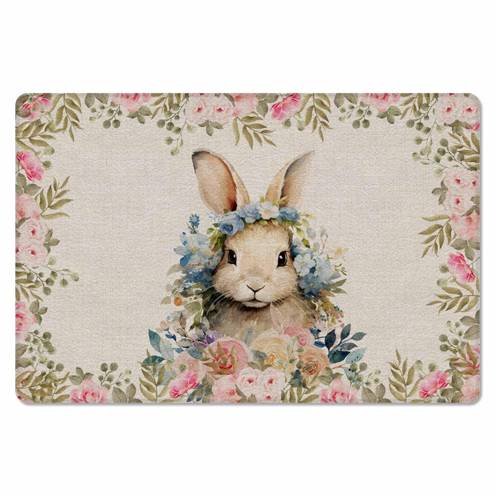 Easter Rabbit Kitchen Bath Door Mat Cushioned Runner Rug,Washable Welcome Floor Sink Antifatigue Mat,Waterproof & Non-Slip Comfort Standing Doormat,Easter Bunny Botanical Rose Blue Flower 24
