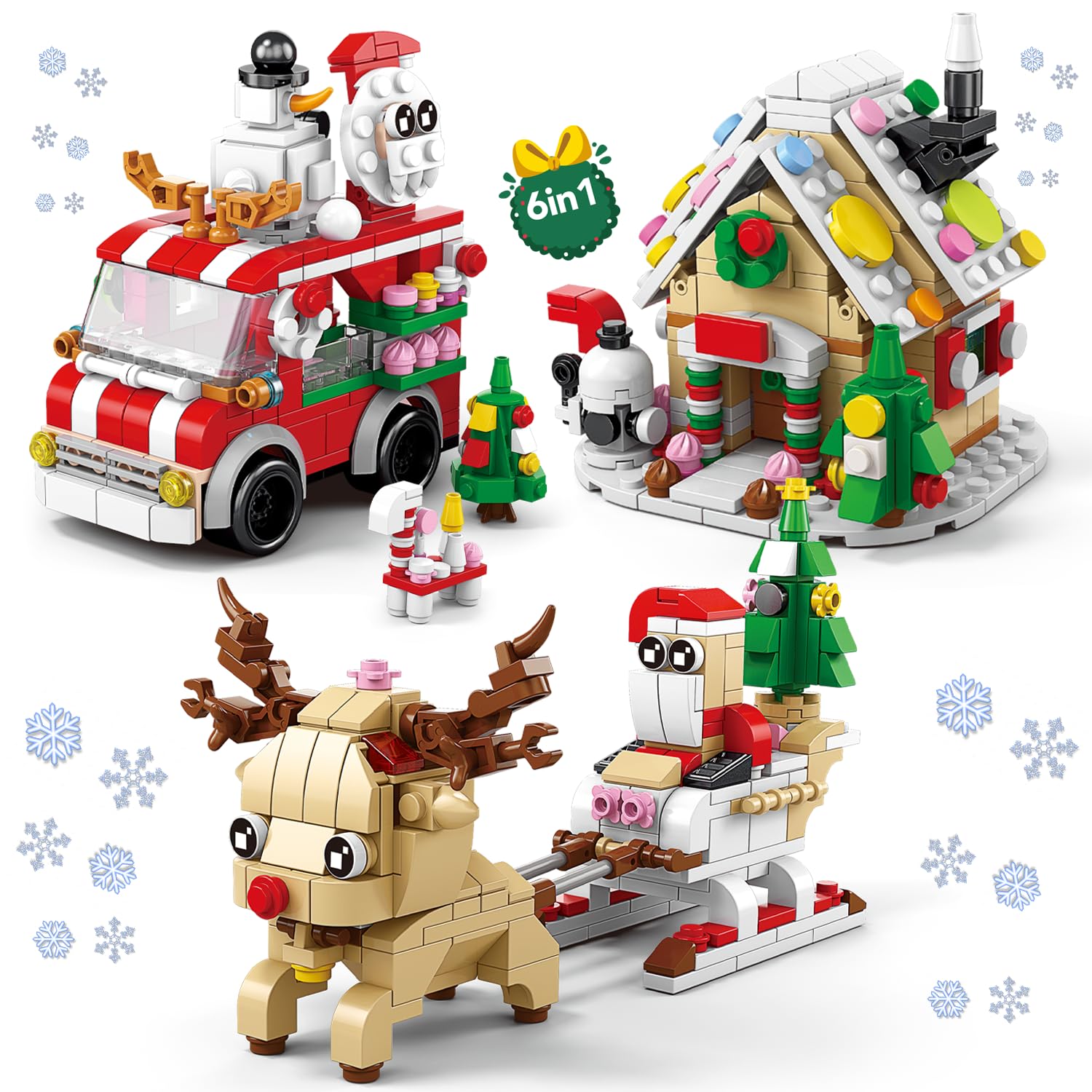 3Sets 6in1 Christmas 2023 Building Blocks, Creative Santa Claus Reindeer - Gingerbread House - Ice Cream Cart Building Kit, New Year Ornaments Gift for Kid(871PCS)