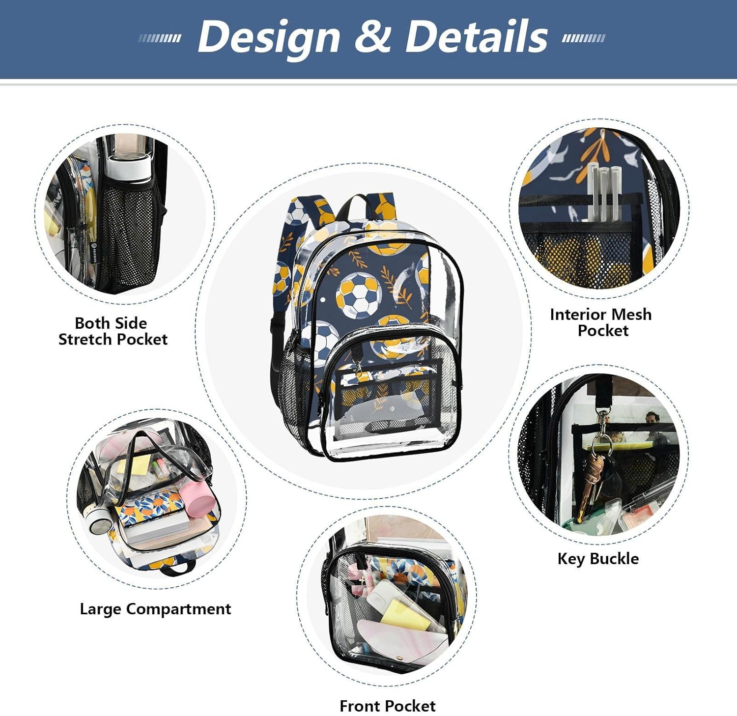 Clear Backpack for Students Boys Girls Football and Grass Rucksack Bag for School College - Image 7