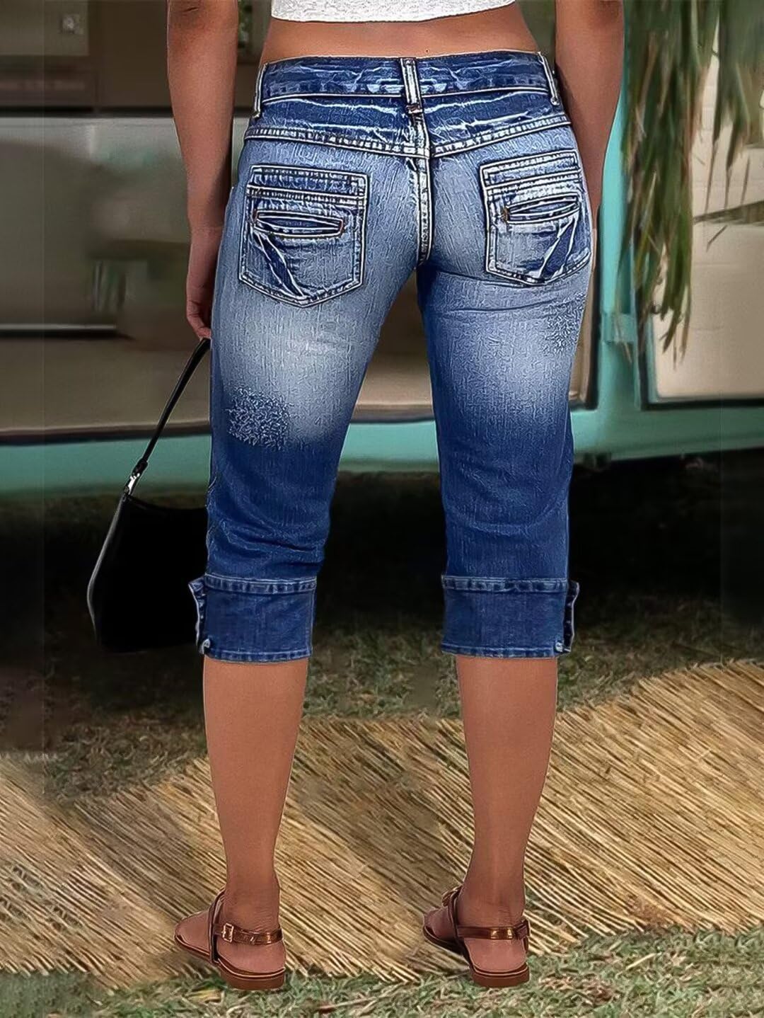 Flamingals Ripped Capri Jeans for Women Stretch Butt Lifting Low Rise Skinny Capris Denim Pants