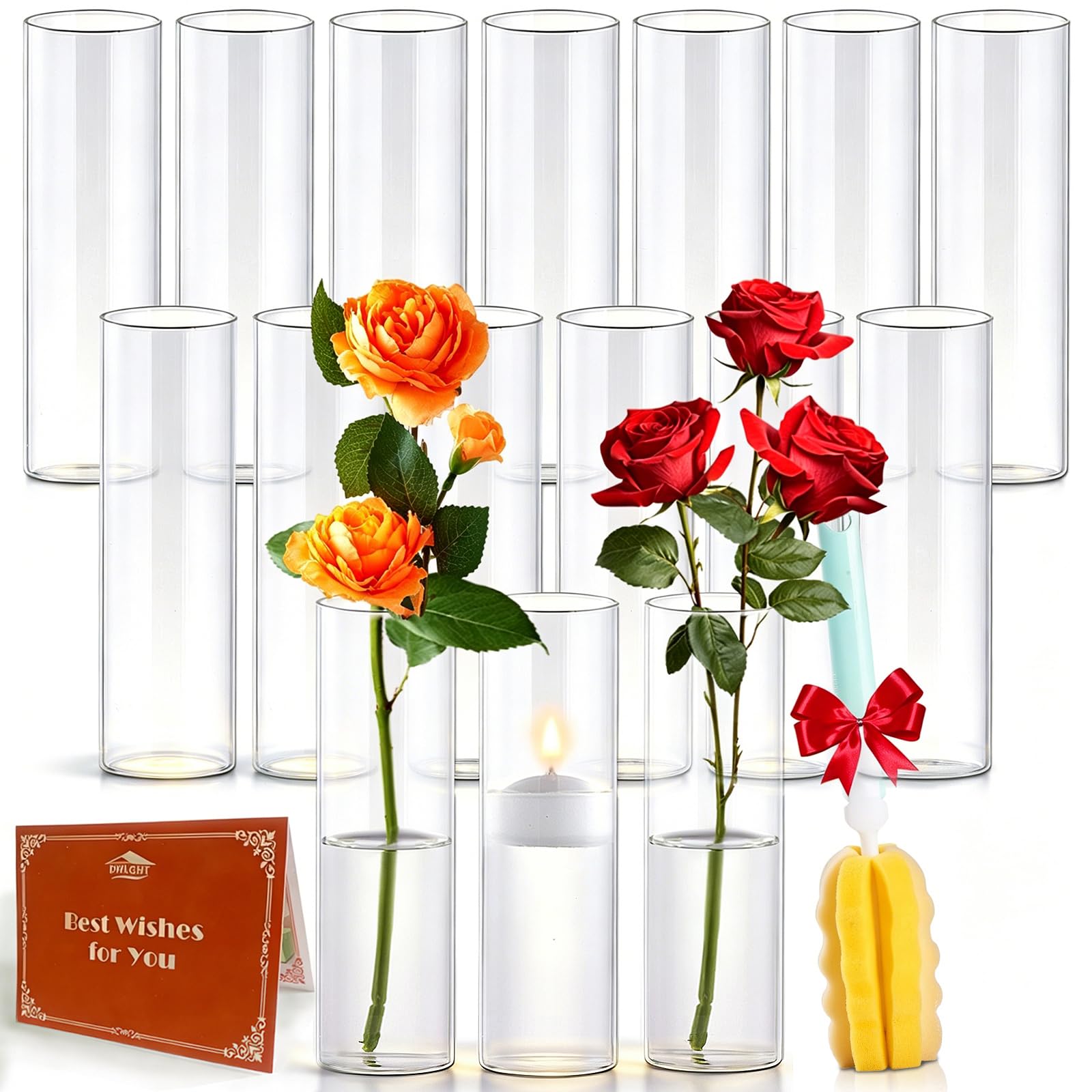 Photo 1 of 16Pcs Glass Cylinder Bud Vases for Centerpieces,7.7 In Tall Clear Flower Vases in Bulk,Glass Small Vases Floating Candle Holder for Party,Home Decor,Wedding Decoration,Birthday,Anniversary,Baby Shower