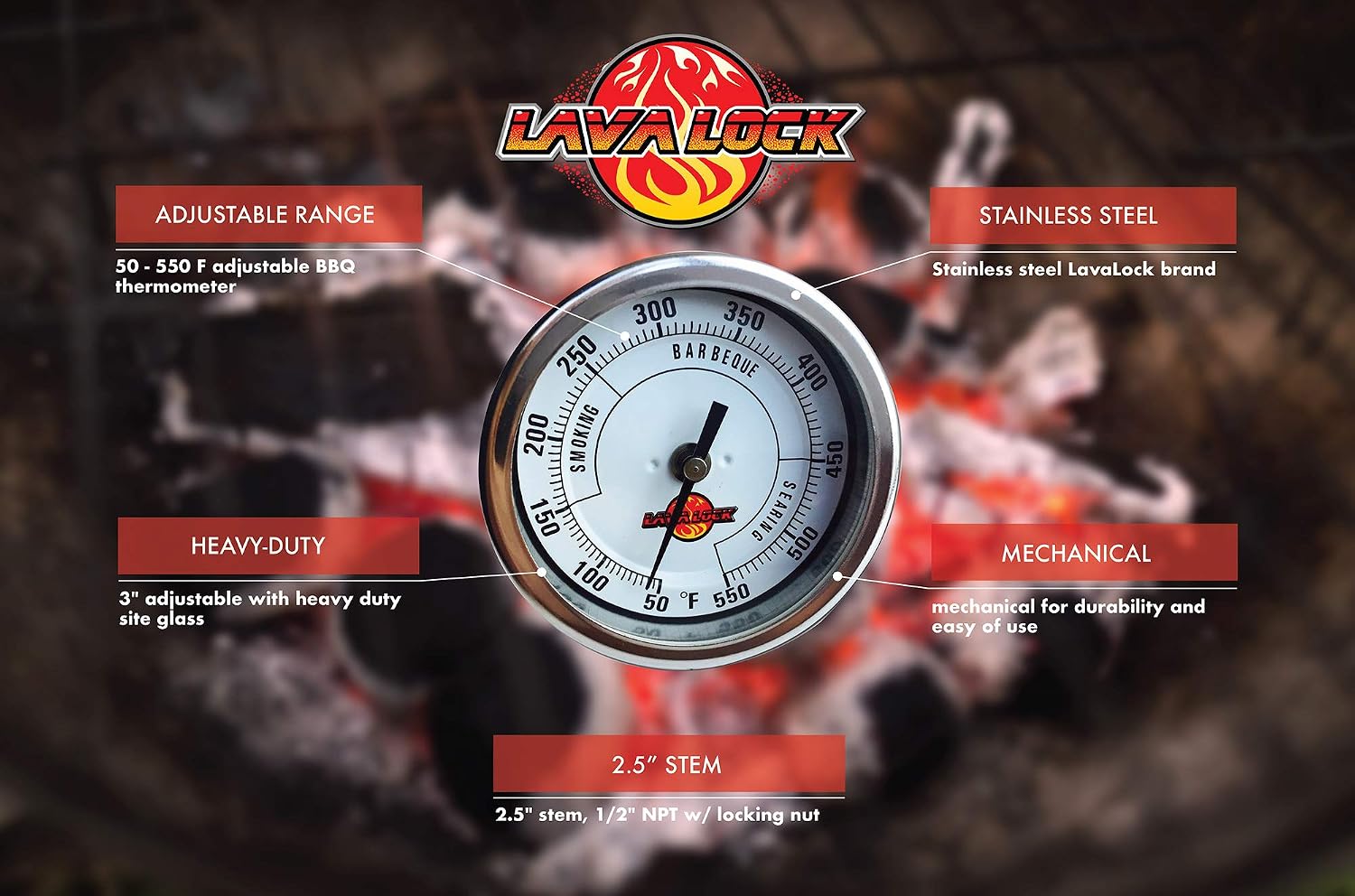 LavaLock® 3" Adjustable Gas Charcoal Smoker Pit Grill BBQ Thermometer Electric Heavy Duty Stainless 2.5" stem
