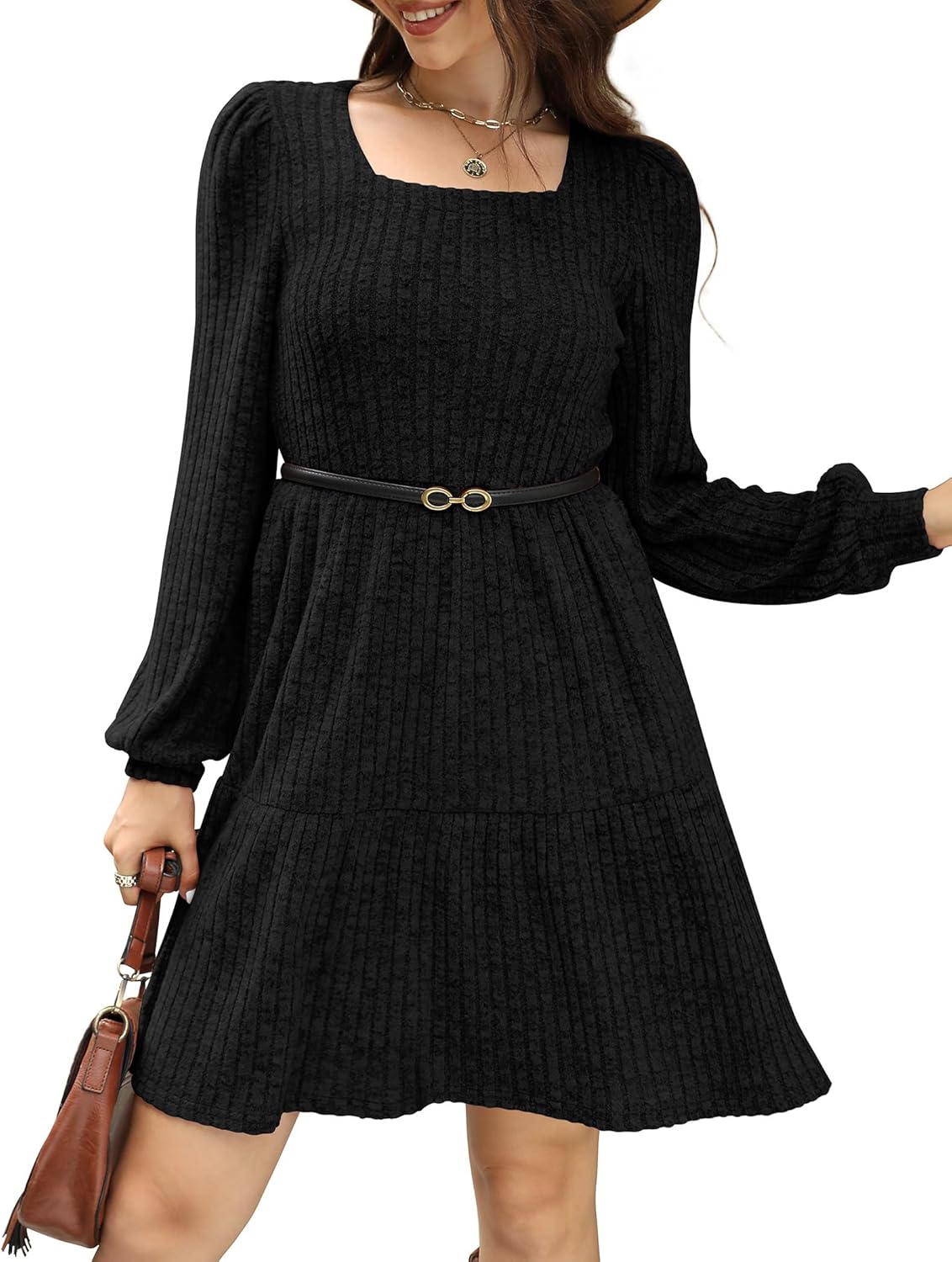 Sampeel Womens Square Neck Long Sleeve Fall Dresses Casual Babydoll Sweater Dress - Image 4