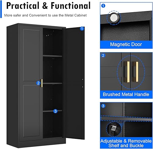 Miniatura 7 de Armario de despensa de 60 pulgadas de alto, armario de almacenamiento de cocina de metal con puertas y estantes, armario negro para almacenamiento