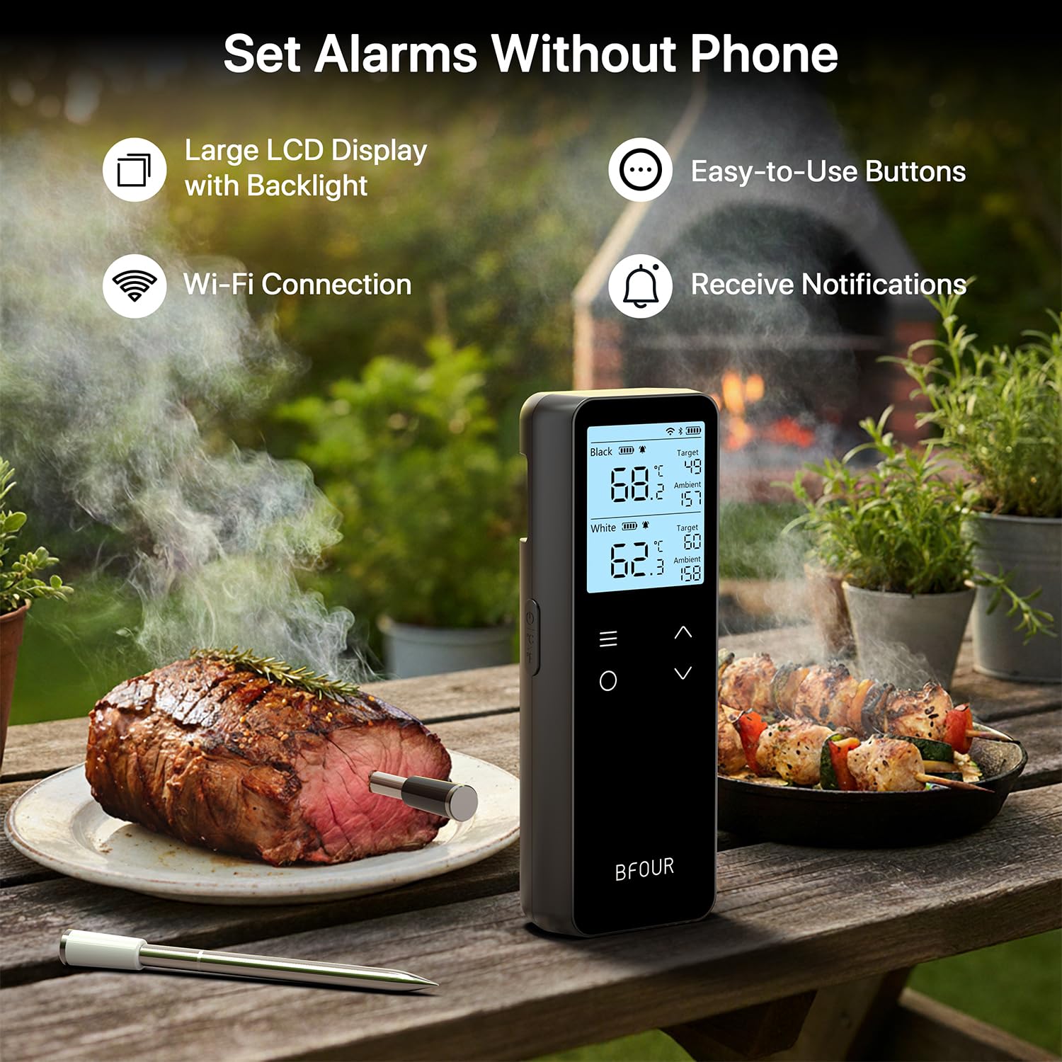 BFOUR Termometro per carne senza fili con WiFi e Bluetooth, 100% impermeabile con 2 sonde, doppio monitoraggio della temperatura per barbecue, forno, arrosto – BF-80