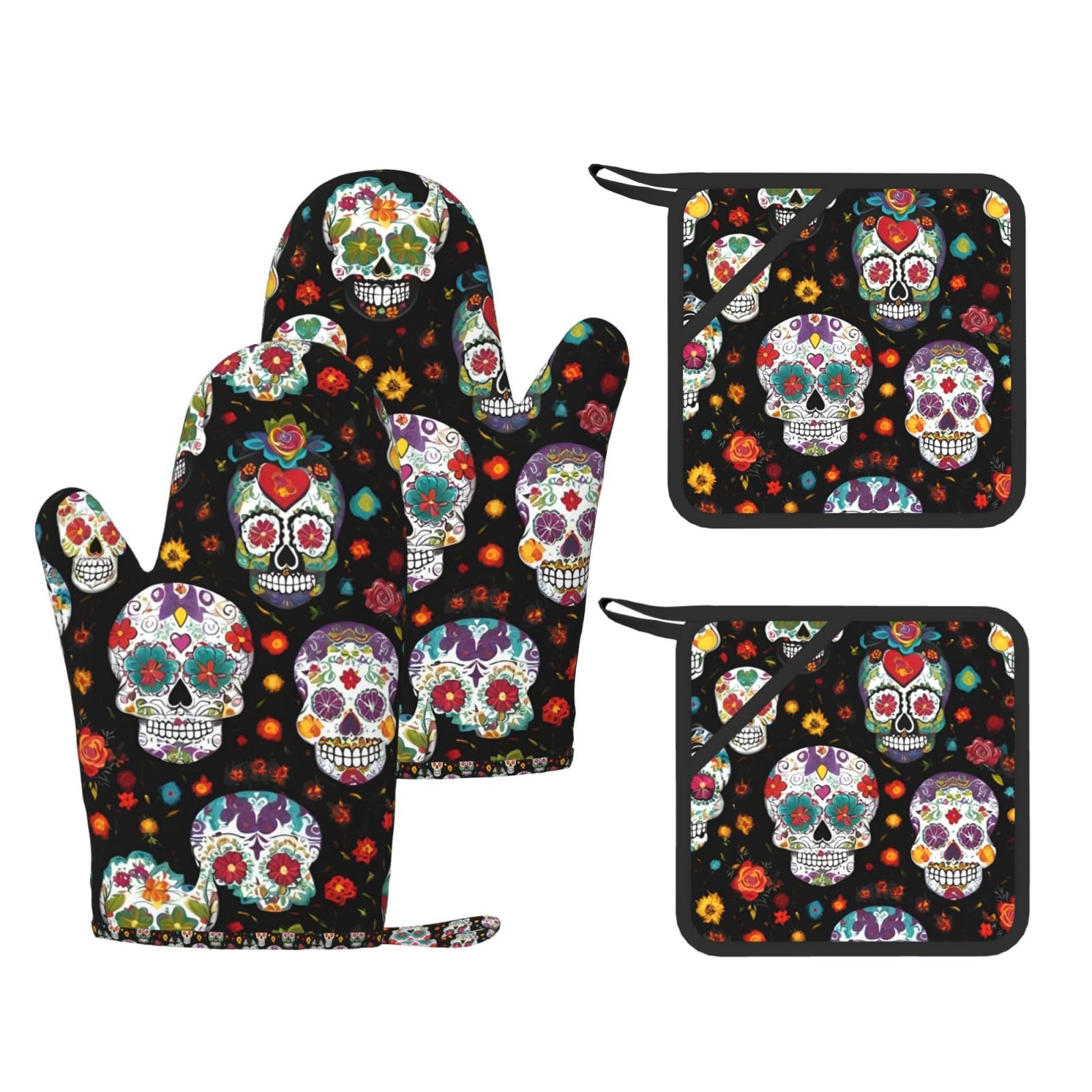 Skulls Print Kitchen Heat Resistant Set,Cooking Kit With Hanging Loop For Baking & Bbq