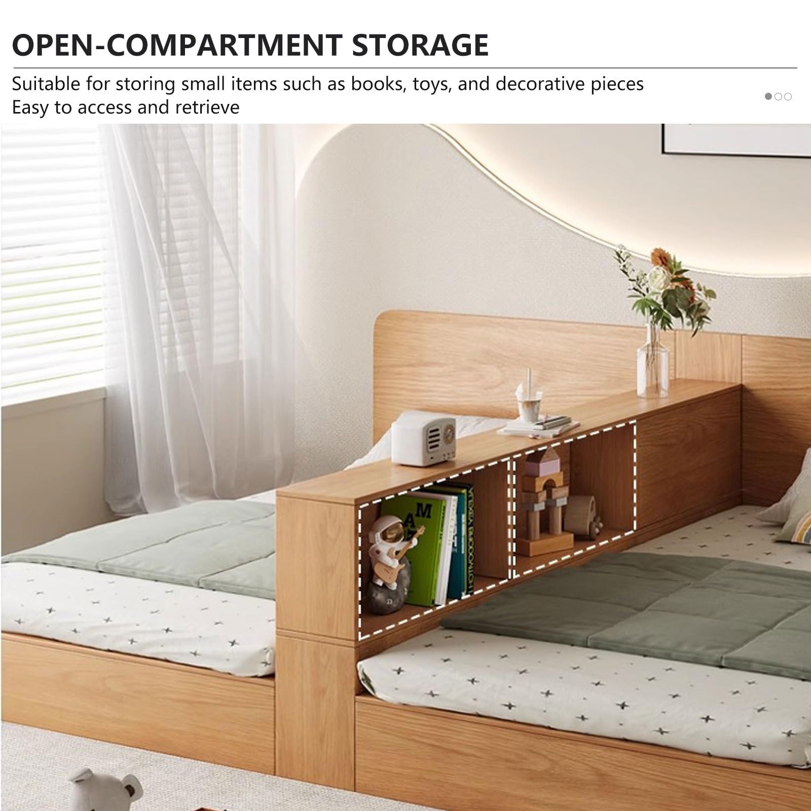 Letto divisorio in legno con contenitore, vano aperto per piccoli spazi