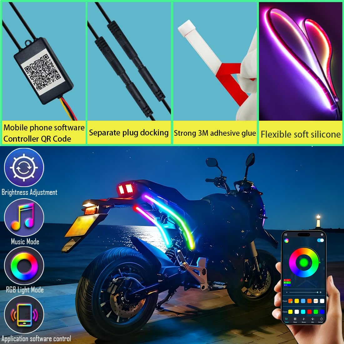 Indicatore di direzione con striscia luminosa RGB per auto,striscia luminosa di marcia diurna a LED flessibile e impermeabile con controllo app wireless,adatta per auto,moto (24pollici/12V)