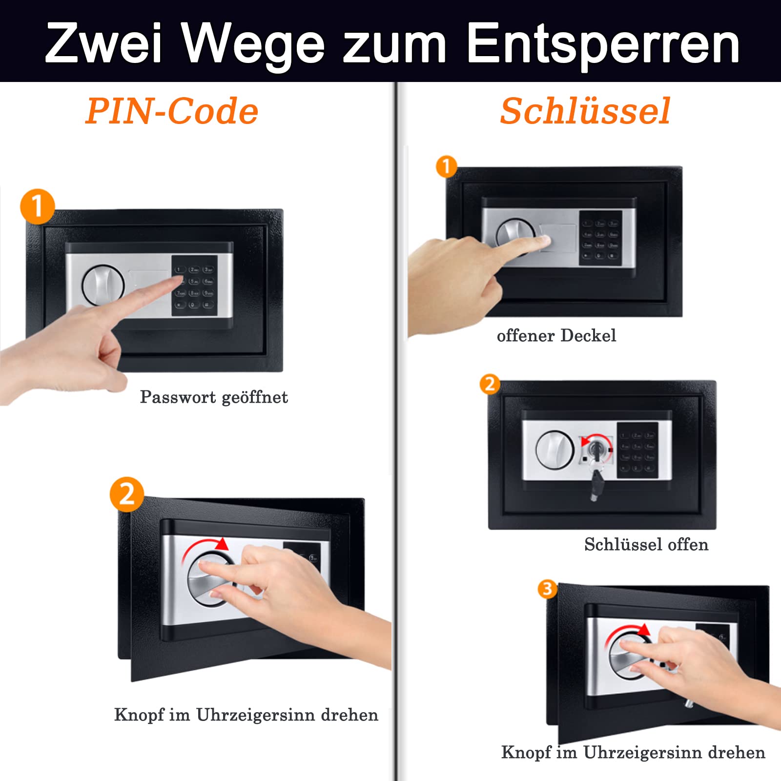 YRHome Mini cassaforte per la casa, 34 l, piccola cassaforte per mobili, in acciaio ferro, con password digitale, 2 chiavi di sicurezza, scatola per batterie e funzioni di allarme