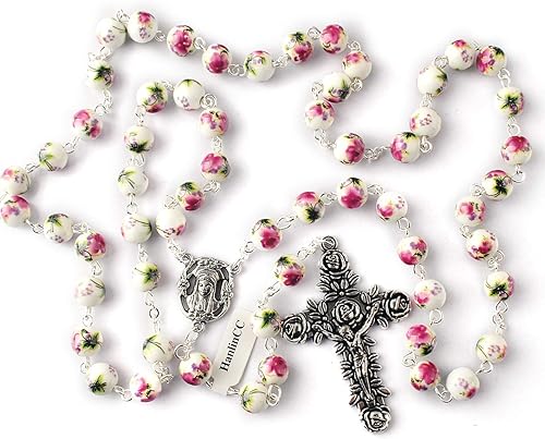 Miniatura 9 de HanlinCC Cuentas redondas de cerámica de 0.315 in con pintura de flores, collar de rosario católico con pieza central de María y cruz de flores con