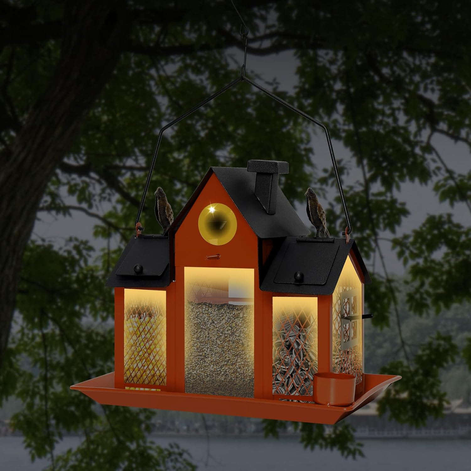 Solar Bird Feeders House for Outdoors Hanging, 7LBS Large Capacity Metal Wild Bird Feeder Squirrel Proof for Outside with Water Cup, Cardinal Birdfeeder Birdhouses Gift for Bird Lovers (Orange)