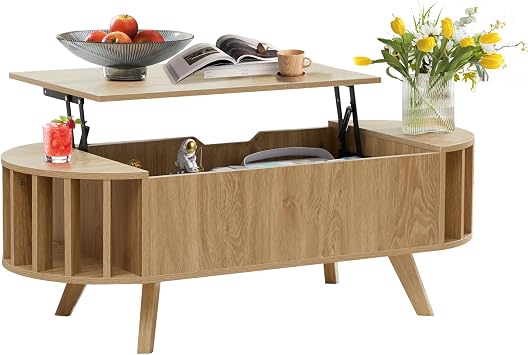 Janmer Home Small Lift Top Coffee Table with Storage, 47.3" Mid Century Modern Curved Coffee Table, Oval Center Table with Lift Tabletop for Living Room, Office Natural