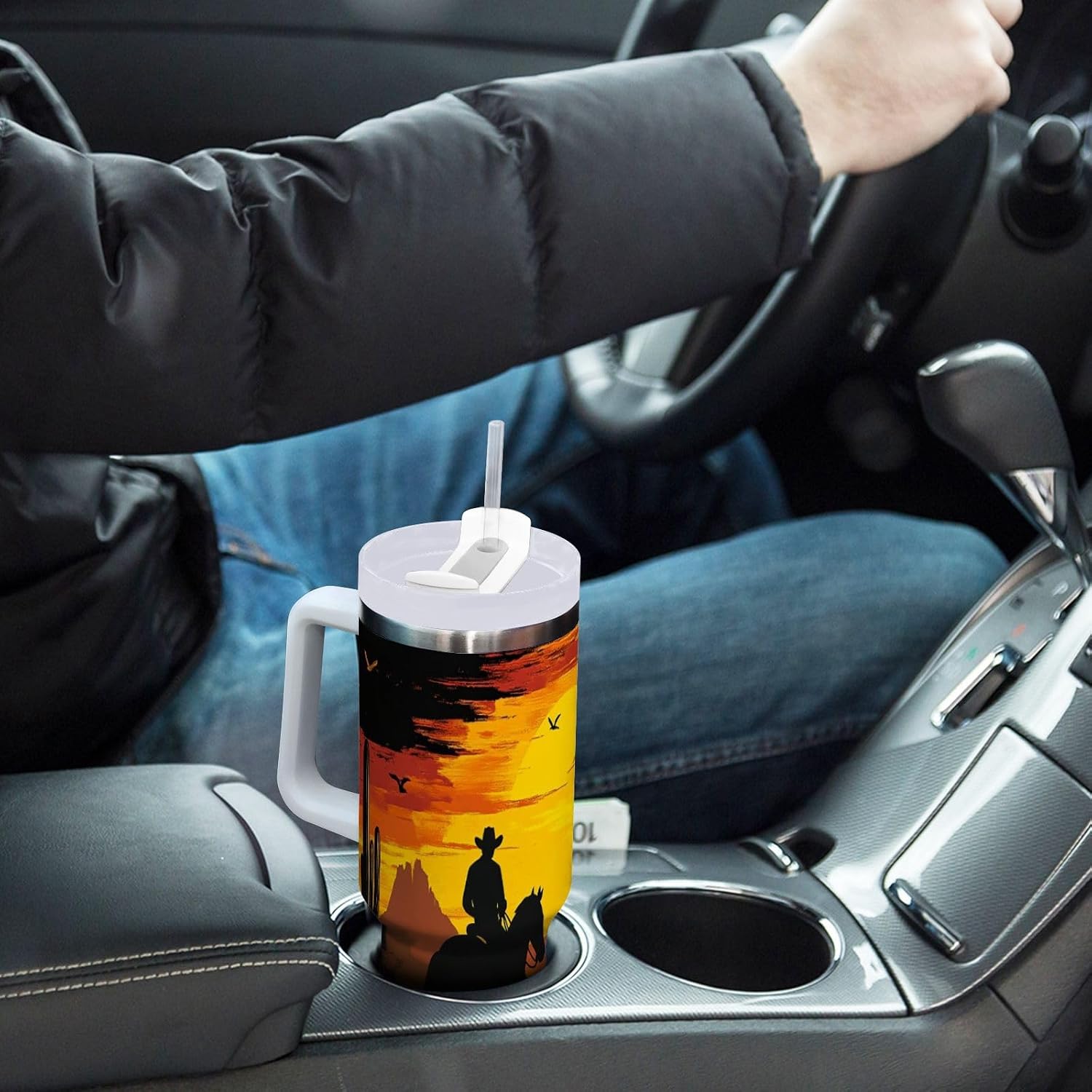 Qilmy 40oz Desert America Troops Cowboy Tumbler With Lid and Straw,Leak Proof Durable Stainless Steel Insulated Tumbler With Handle, Spill Proof Water Bottles for Travel632