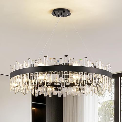 Miniatura 25 de Siljoy Candelabro moderno de cristal de 12 luces de oro cepillado de 2 niveles con forma de gota de lluvia de cristal, ajustable, montaje al ras