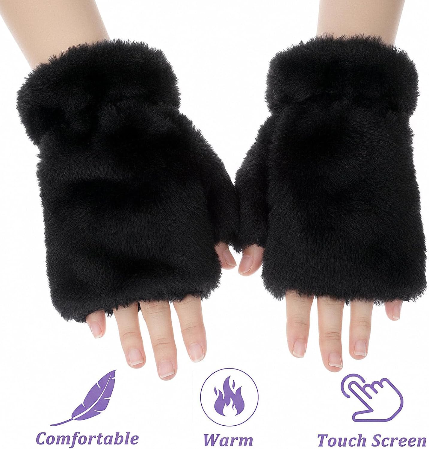 Grevosea Fingerless Gloves for Women, Winter Warm Gloves Soft Furry Glove for Running Biking Driving Typing Halloween Cosplay - Image 3