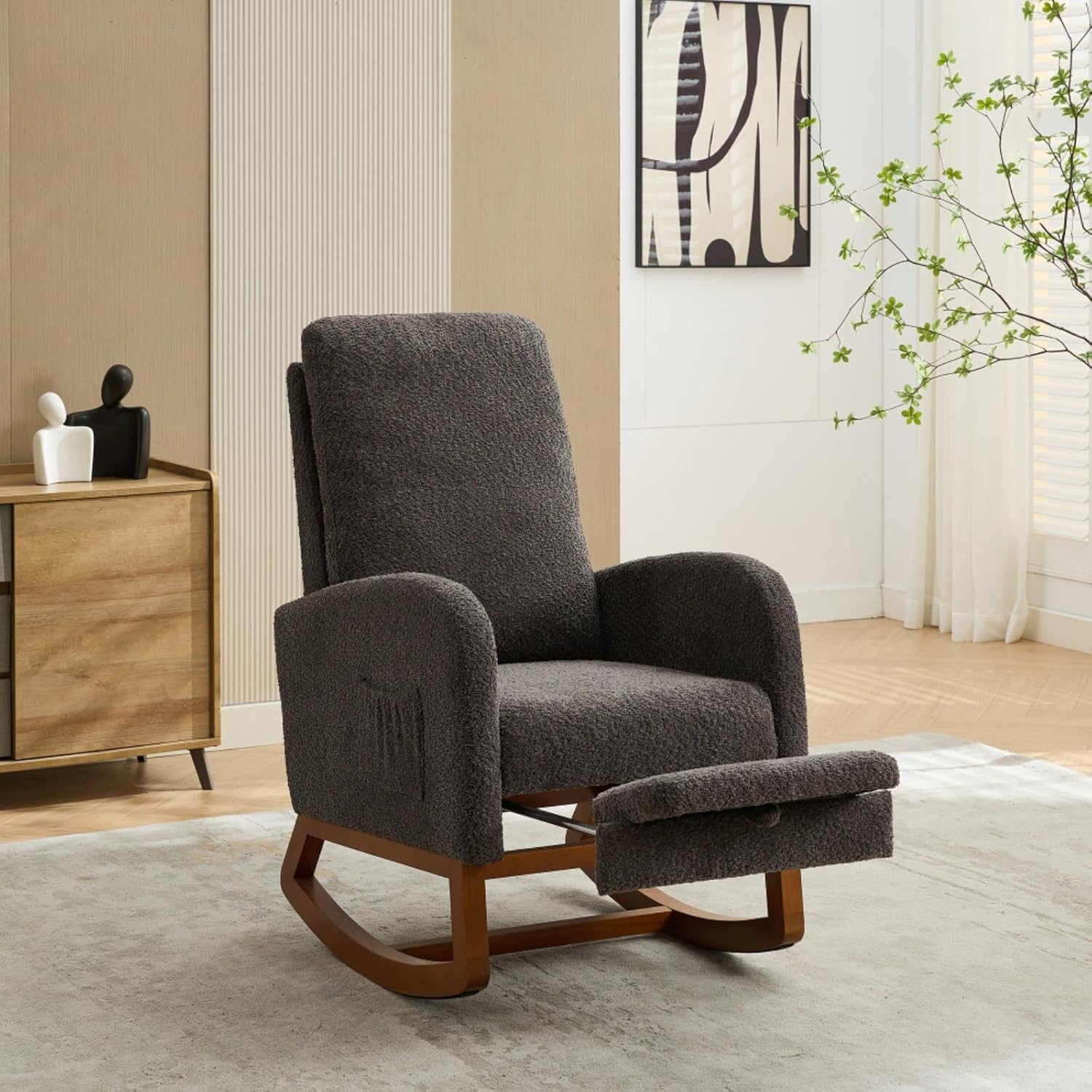 25.4" W Rocking Chair for Nursery, High Back Glider Chair with Retractable Footrest, Side Pocket, Rocking Accent Armchair with Rubber Wood Legs for Living Room/Bedroom (Charcoal)