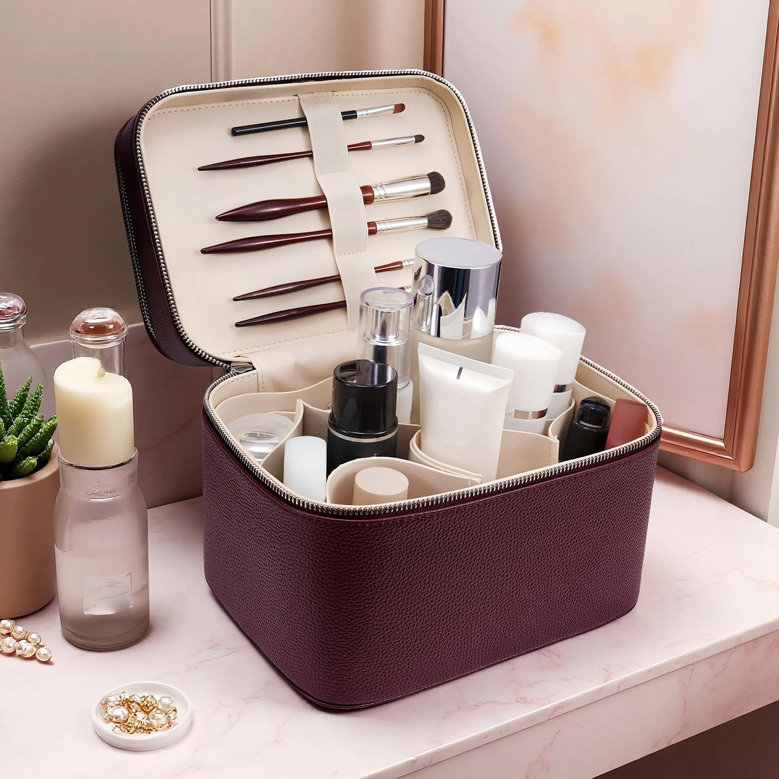 Estuche para cosméticos de PU de Calidad Que Proporciona un Amplio Espacio para Todos Sus Accesorios de Belleza Durante los Viajes Estuche para cosméticos con Soporte para brochas