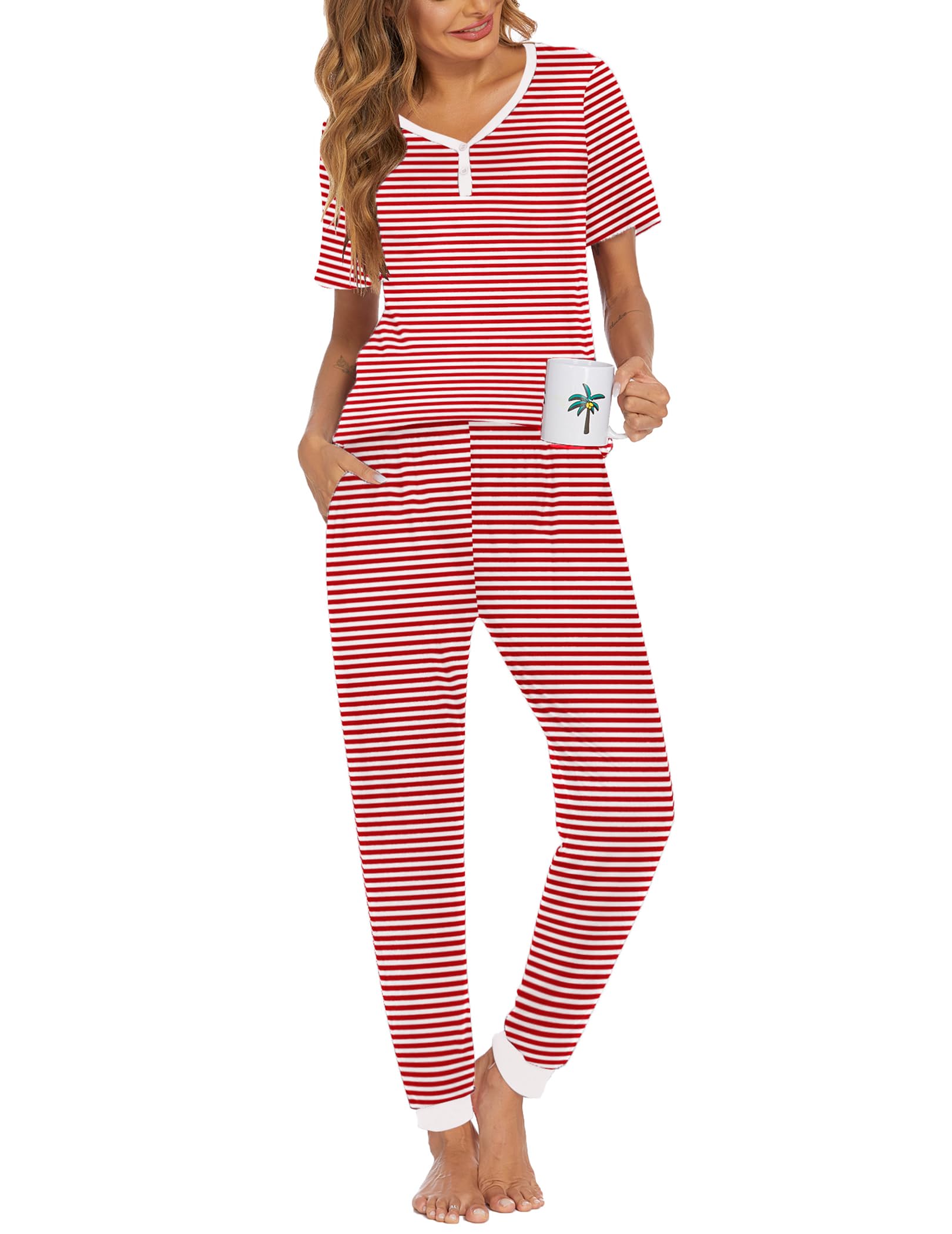 Ekouaer Pajamas for Women Set 2 Piece Short Sleeve Fall Pjs with Pockets